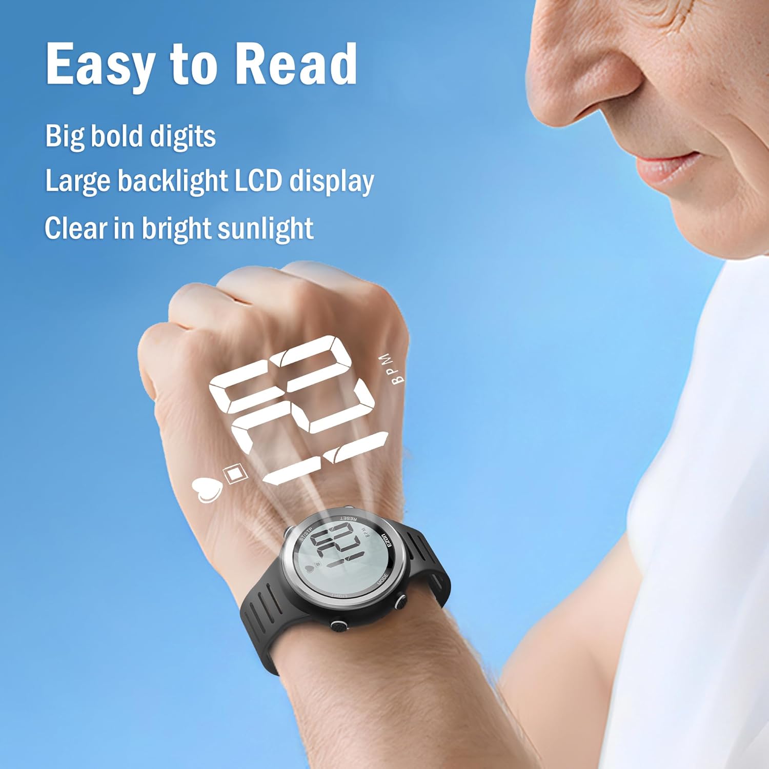 EZON Heart Rate Monitor Chest Strap, Exercise Heart Monitor, Sports Watch with HRM, Waterproof/Stopwatch/Hourly Chime, Steel Silver, T007A11