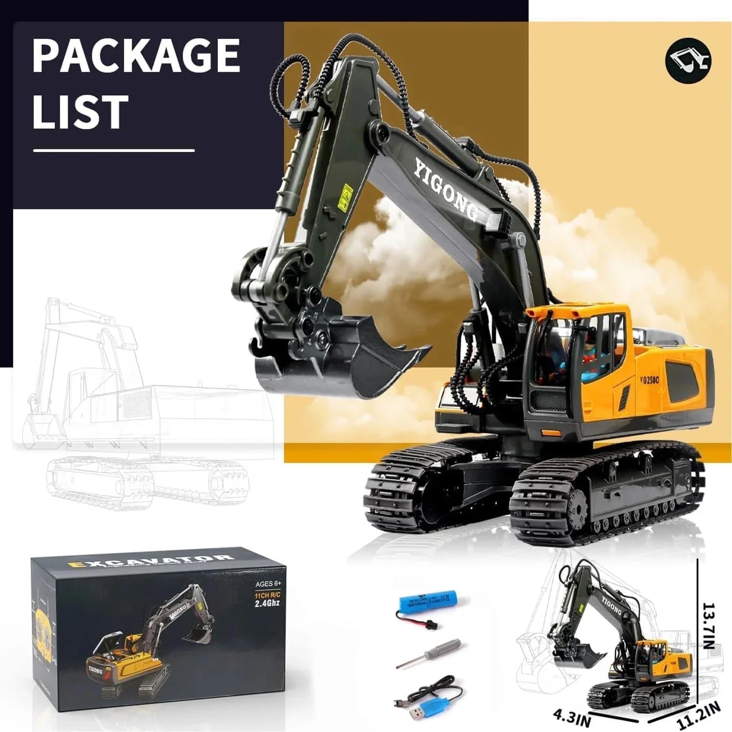 JETRA Remote Control Excavator RC Digger Toy for Boys,11 Channel Hydraulic Excavator Turns 680 Degree,Construction Toys with Metal Shovel, Lights,Sounds,1 Rechargeable Batteries