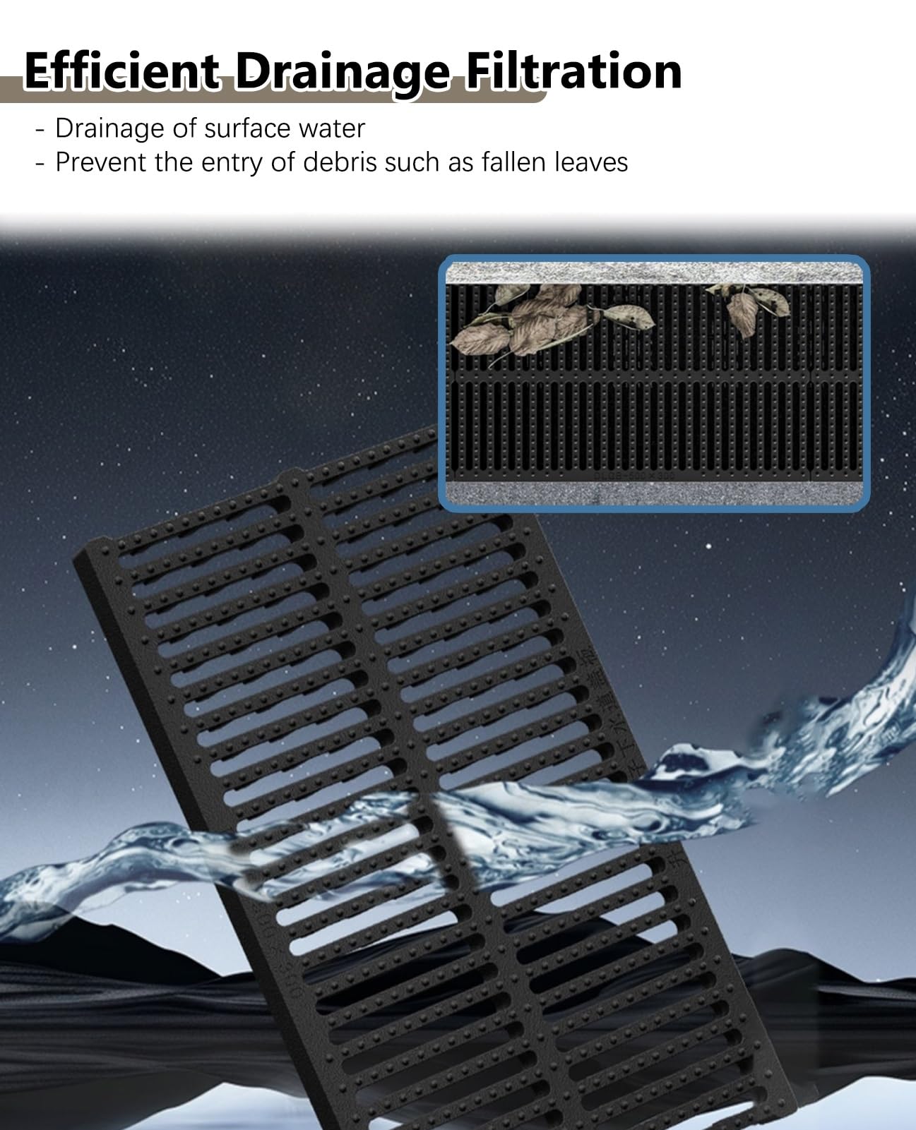 Caniveau Exterieur Grille D'évacuation Étroite de 10 cm de Large, Petit Format, Caniveau Français en Plastique, Longueur Totale 50 cm, Bassin de Rétention Antidérapant