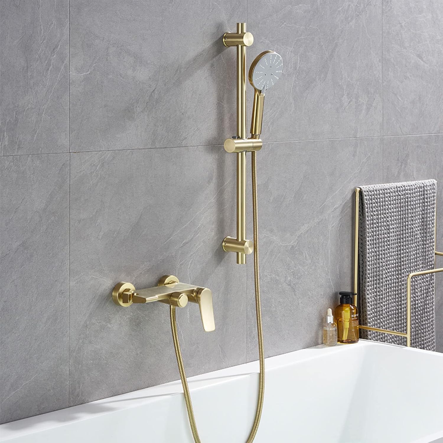 Bathtub Faucet with Push Bar, Brushed Gold, Single Lever Bath Faucet
