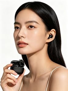 Semi in-Ear True Wireless Bluetooth Earphones, Black, Noise Cancelling, Short Handle, with Oval Charging Case