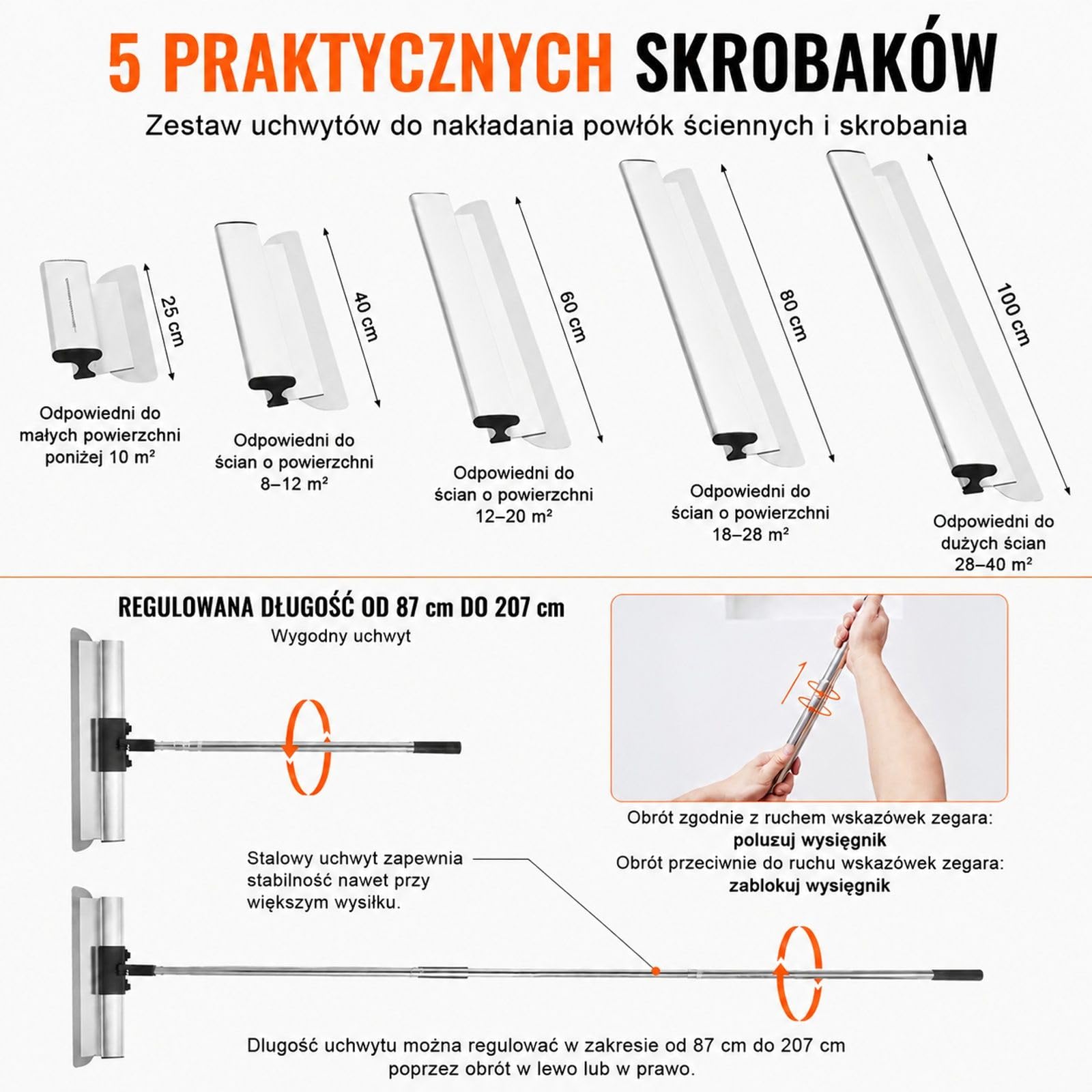 Zestaw szpachli do płyt gipsowo-kartonowych z przedłużanym uchwytem, nóż ze stali nierdzewnej