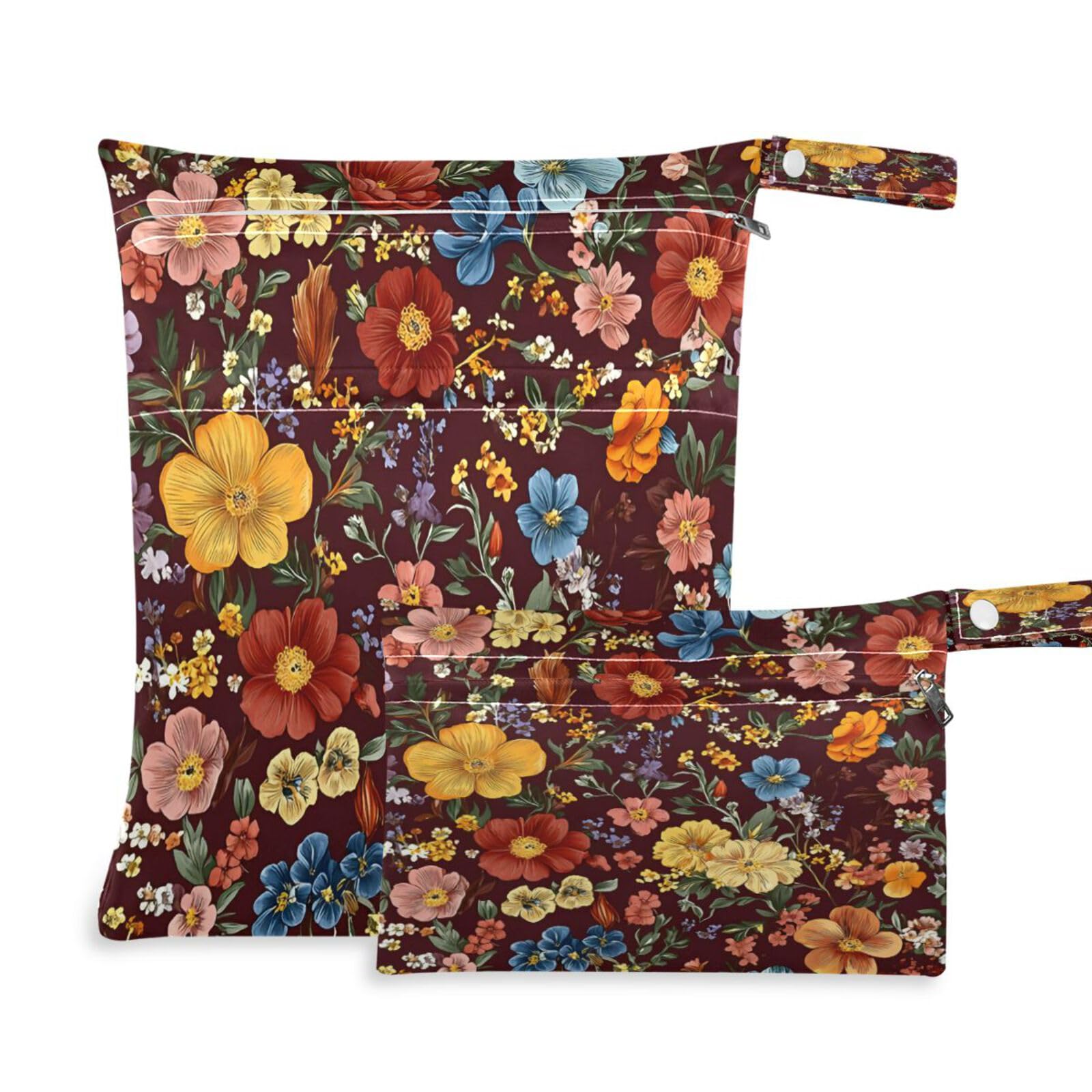 BOESI 2 Piece Wet and Dry Storage Bag, Travel Wet and Dry Bag, Waterproof Reusable, For Travel, Beach, Pool, Diapers, Toiletries, Doodle Colorful Flowers