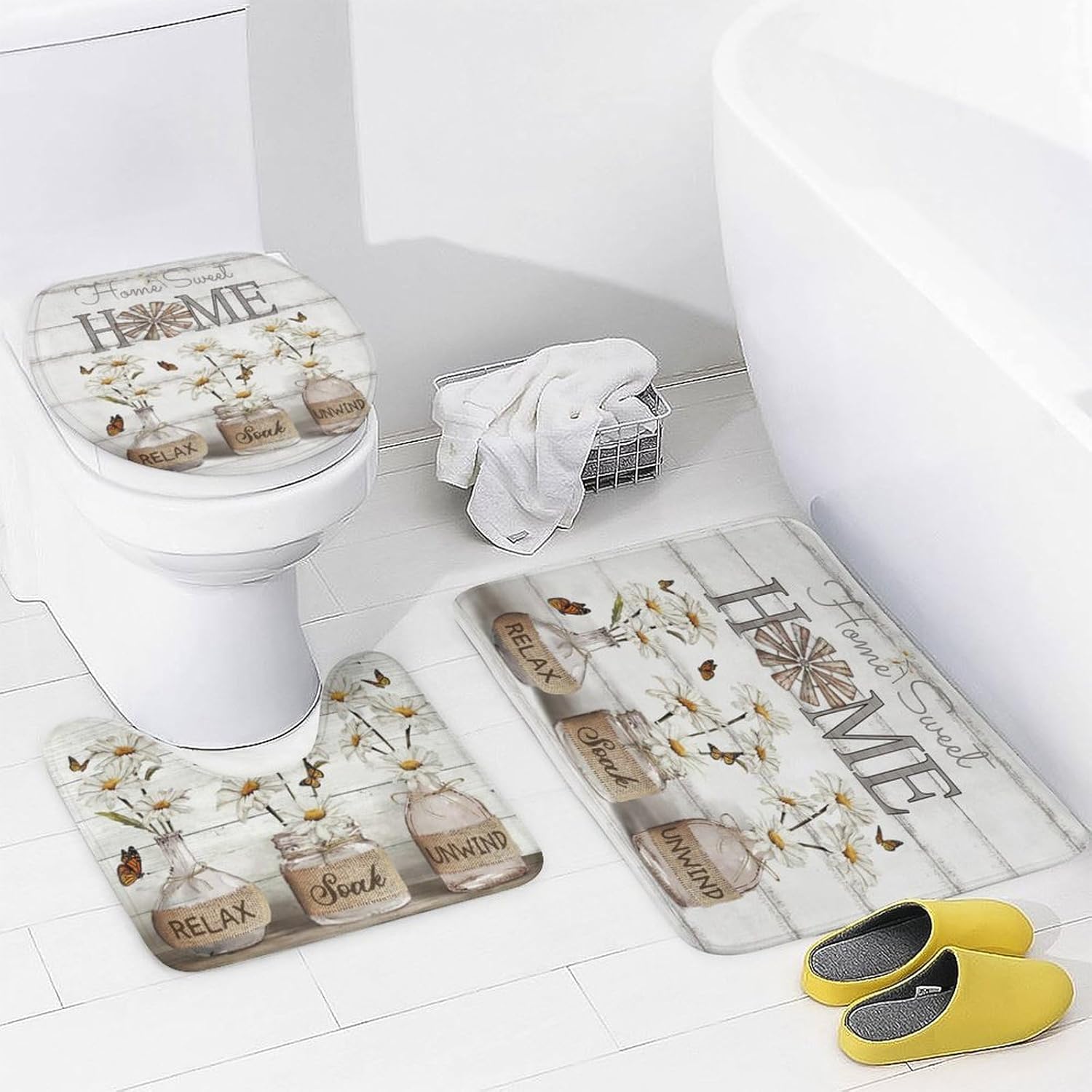 Tijuboni 4PCS Shower Curtain Sets with Rugs Farmhouse Shower Curtain Neutral Rustic Country Shower Curtain Sets Daisy Flower Shower Curtain Sets Bathroom Decor with Non-Slip Bath Mat Toilet Rug