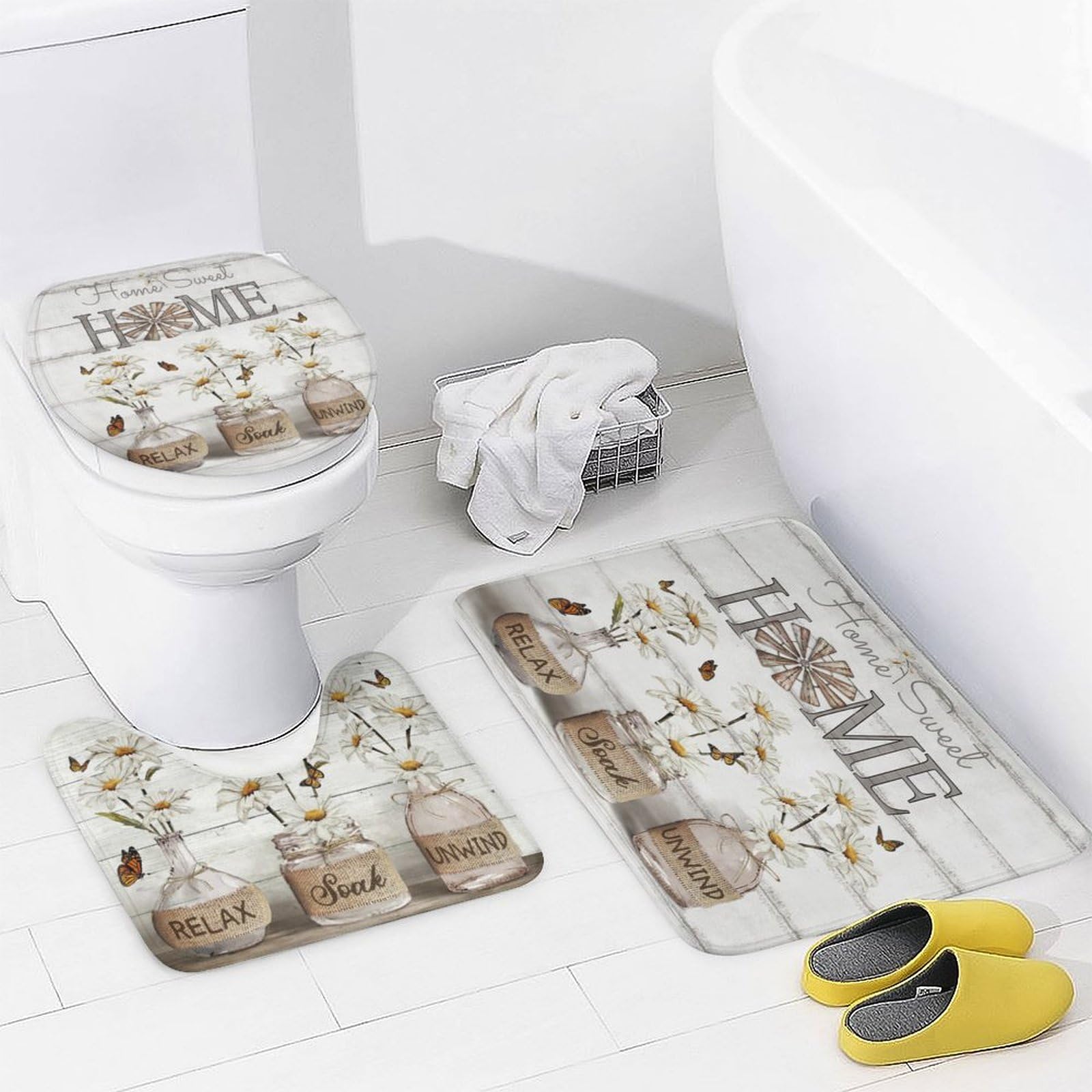 Set Bagno Floreale Con Margherite – Tenda Doccia 180x180 + Tappetino + Copriwater + Tappeto U – Decorazione Rustica Completa Con 12 Ganci