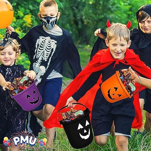 Miniatura 4 de PMU Cubo de Halloween Jack-O-Lantern para truco o trato, cesta de regalo para dulces para niños, cubos de plástico de calabaza con asa, decoración