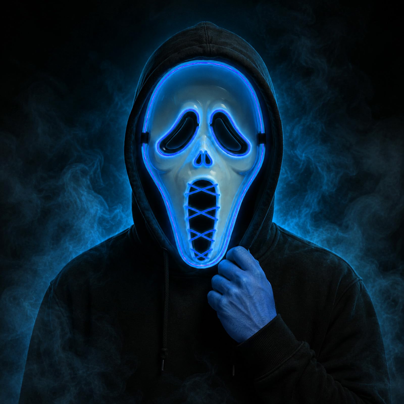 Ghost Face Mask Scream Led Halloween Mask Light-Up Scary Mask (Blue)