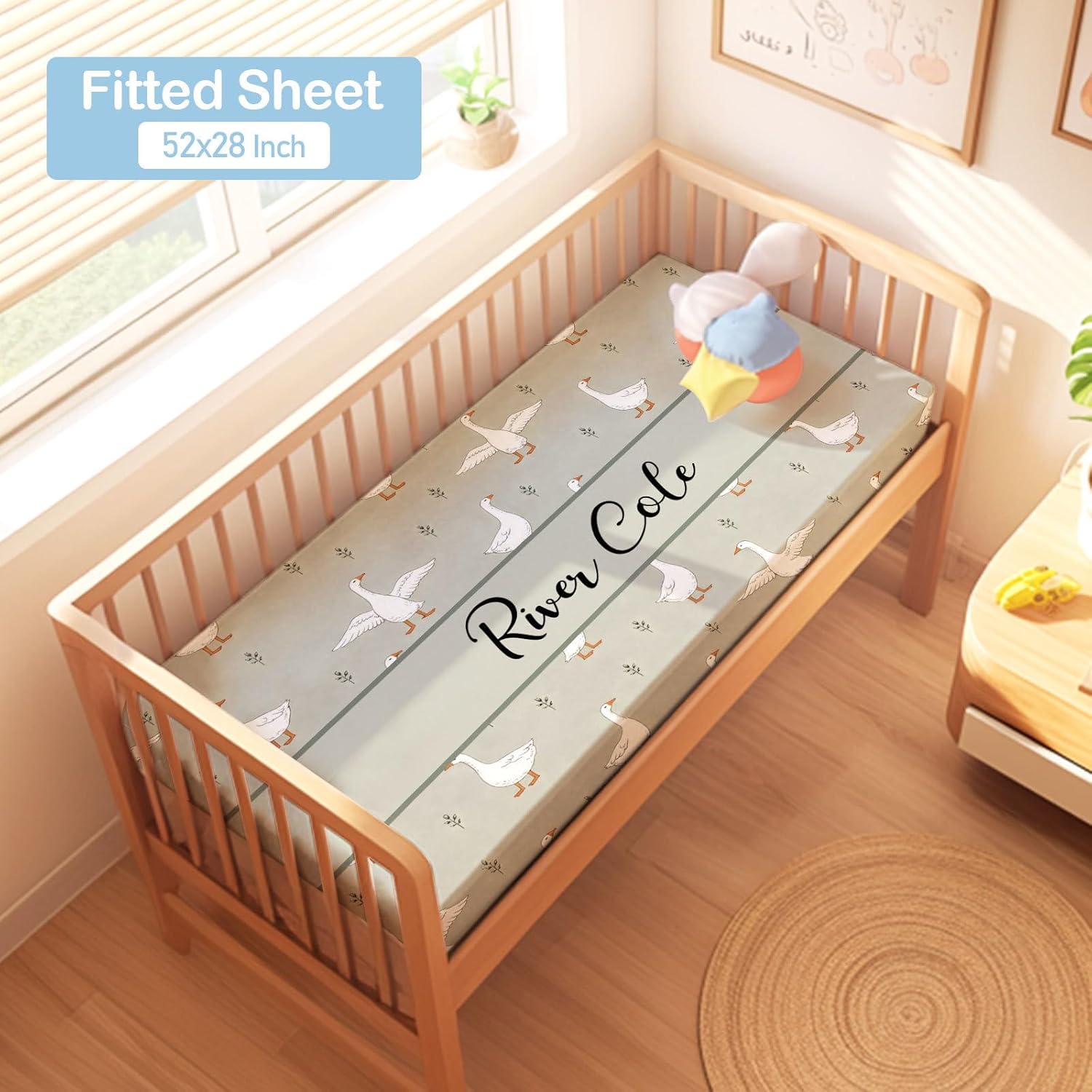 Personalized Baby Crib Bedding Set, 3 Pcs Custom Name Nursery Bedding for Boys and Girls, Goose Print Baby Bedding Set with Minky Blanket, Fitted Crib Sheet & Changing Pad Cover – Newborn Infant Gift