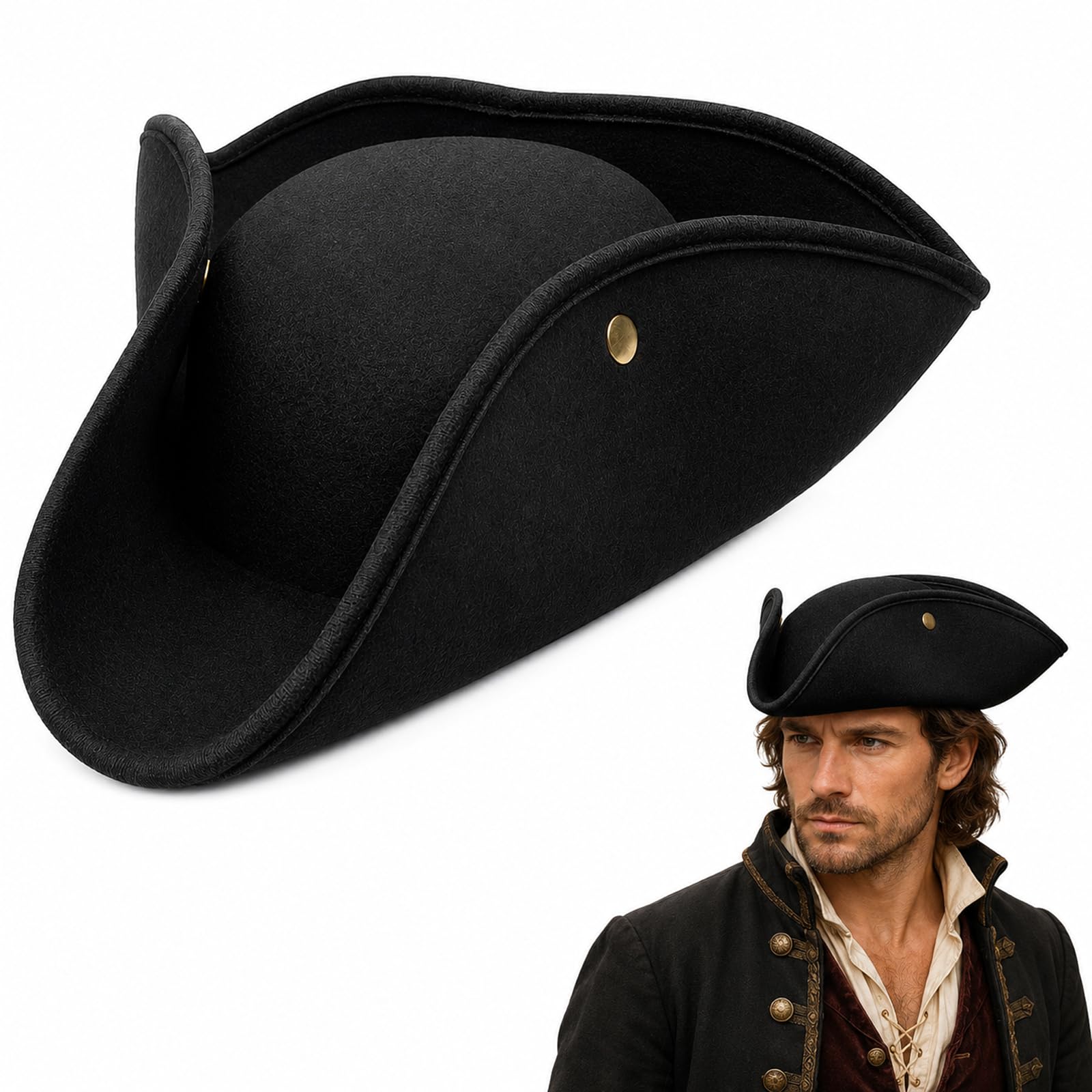 Lzahuam Pirate Hat Costume, Halloween Black Tricorn Hat Pirates Cap for Women Men, Novelty Style Halloween Costumes Pirate Accessories for Theme Party Role Play Musketeer Cosmetic Accessories