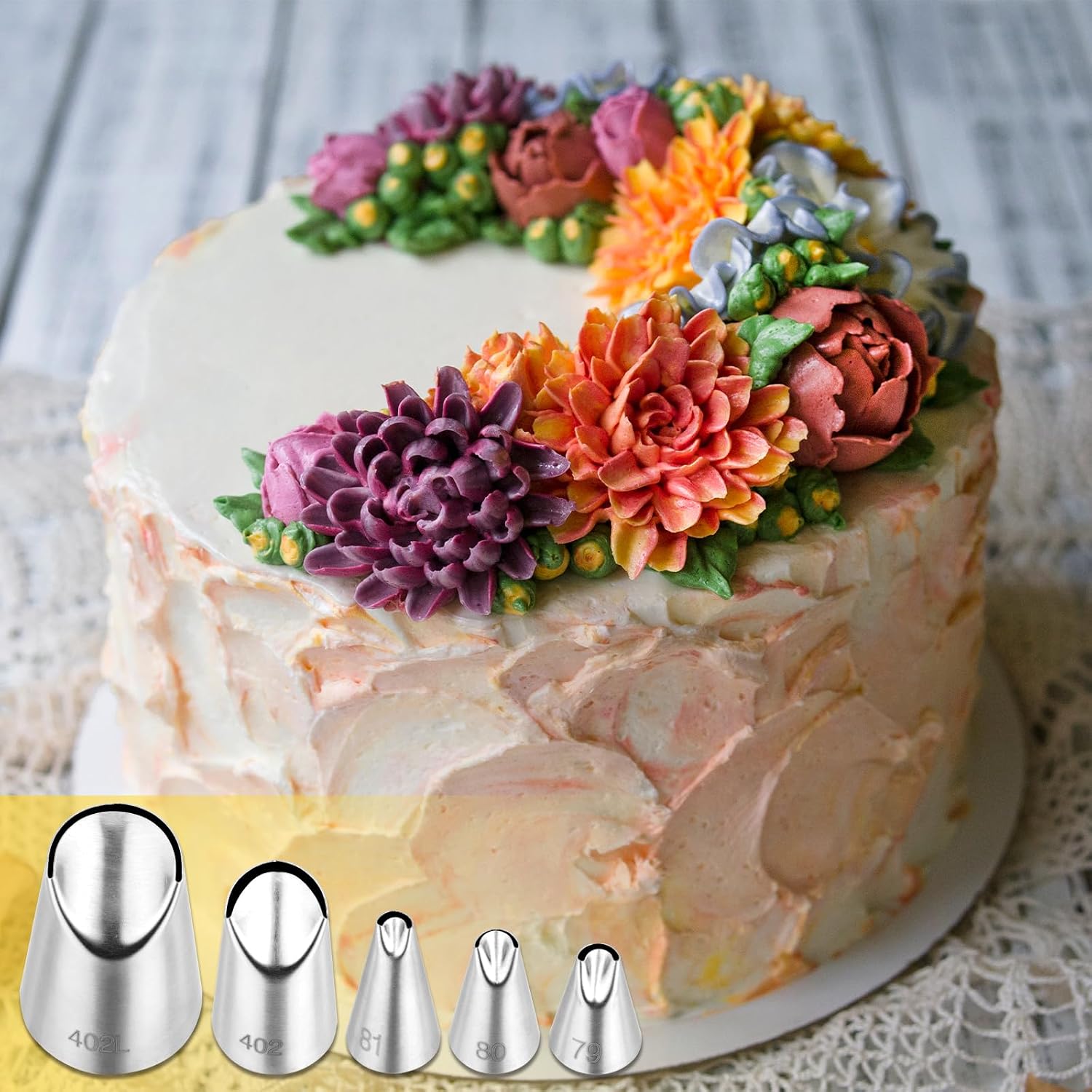 Kasmoire 5Pcs Chrysanthemum Piping Tips Set,Stainless Steel Chrysanthemum Crinkle Cream Laminating Nozzles with 10Pcs Disposable Piping Bags,Icing Piping Nozzles For Cake Decorating