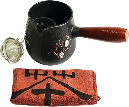 Small Cast Iron Teapot, Japanese Style Tea Kettle without Lid, 20.3 fl oz Tea Pot with Stainless Steel Tea Ball for Loose Tea, Wooden Side-handle Tea Set for Stovetop Safe600ml