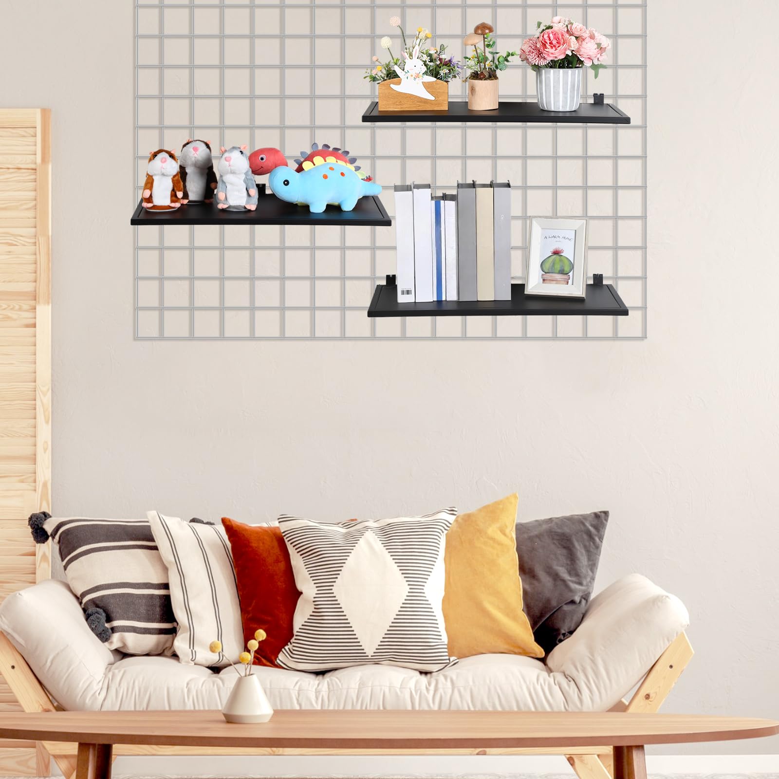 Zonon Set di 4 mensole a griglia in metallo, resistenti, da appendere, per pannelli a griglia, per casa, negozi e boutique (nero, 61 x 30 cm)