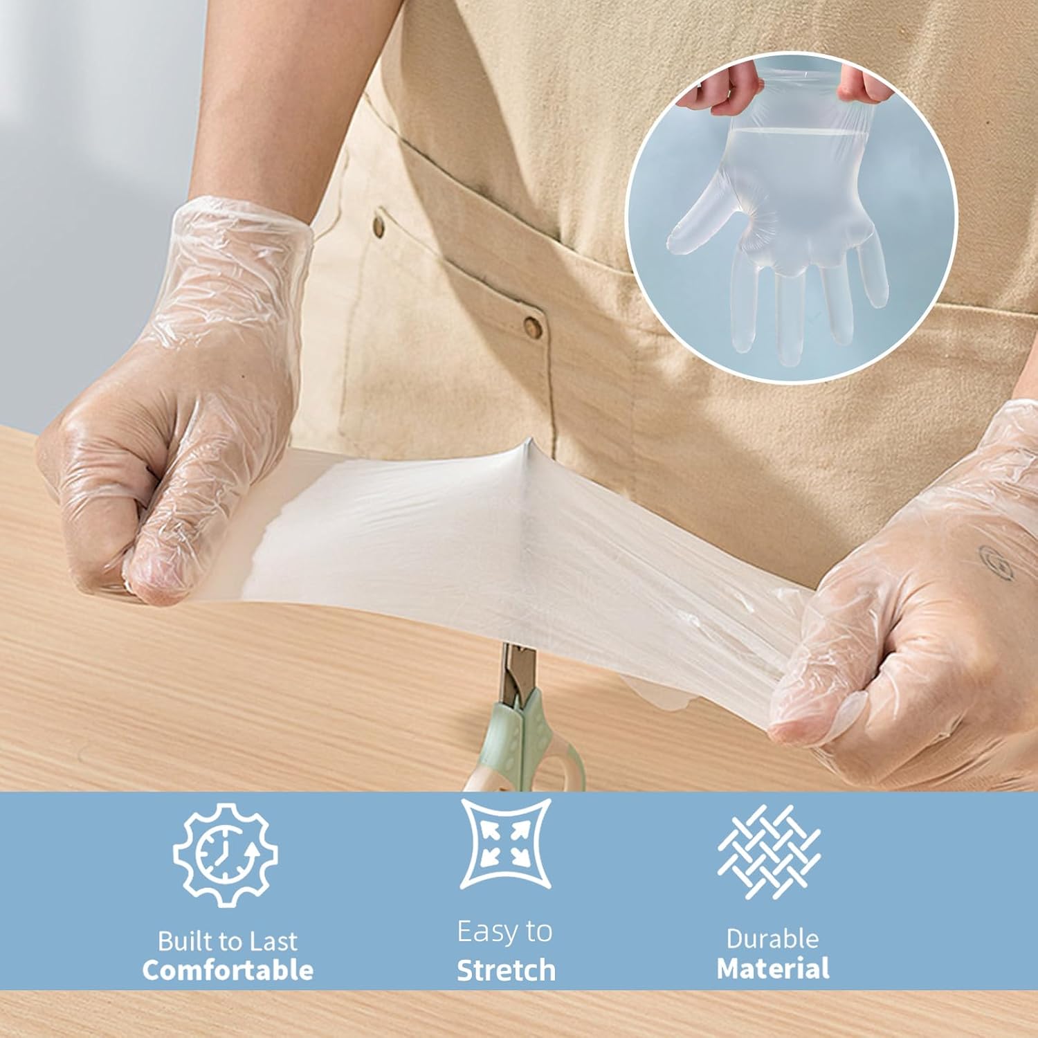 100 PCS Disposable TPE Gloves - Clear/White Plastic, Food Safe, Latex-Free,