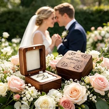 molchagar Wooden Ring Box for Wedding Ceremony, Rustic Ring Holder for Proposal, Engagement, Anniversary, Flora Engraved Jewelry Gift Box for lover's Birthday...