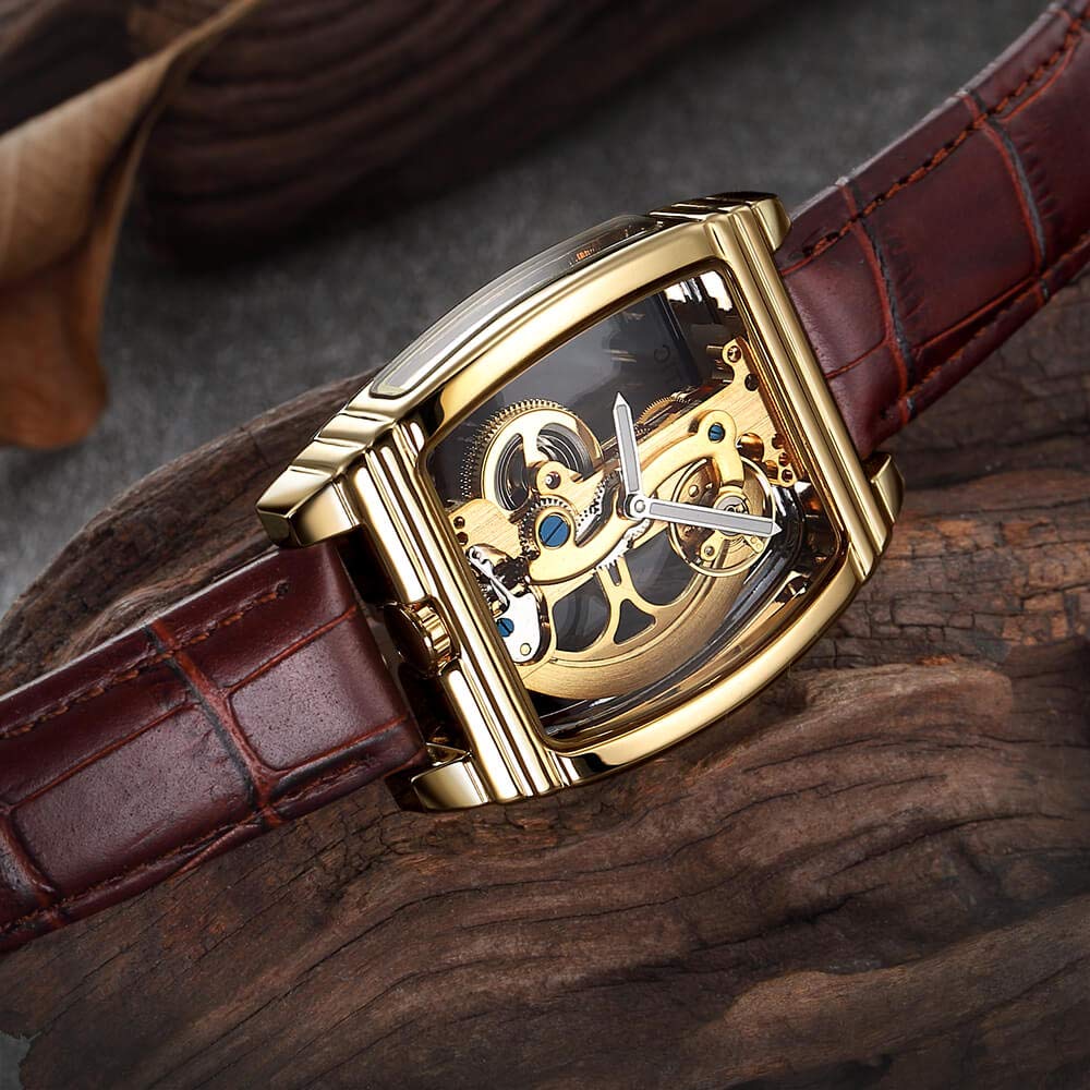 Reloj mecánico automático transparente para hombre, diseño de esqueleto steampunk, correa de cuero, reloj masculino montre Homme, Marrón dorado, Correa