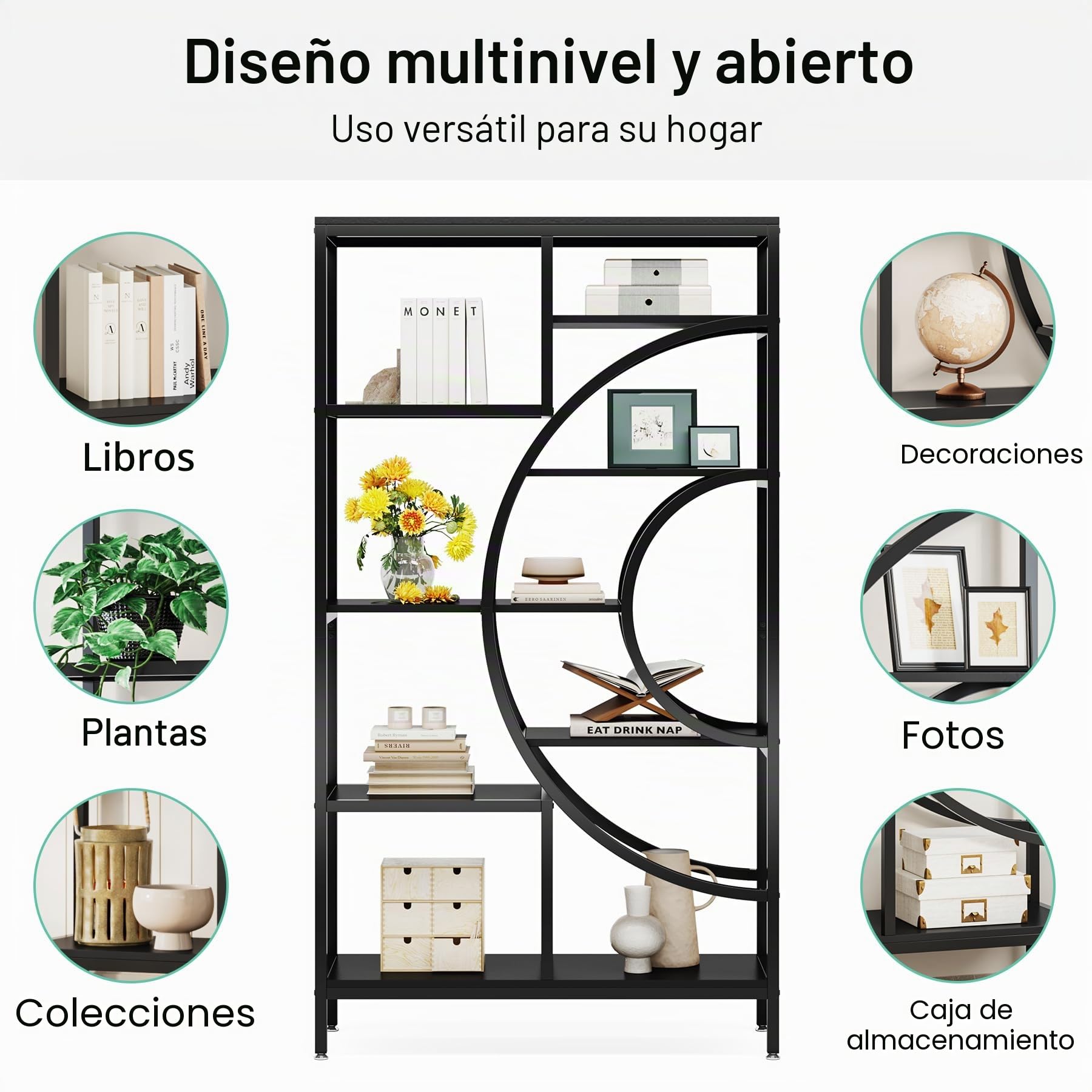 Tribesigns Estantería Geométrica de 179 cm, Estanterías Industrial de 8 Estantes, Estantería Libros Rústica con Estructura de Metal, Estanterias almacenaje Abierta para Sala de Estar (Negro, 1)