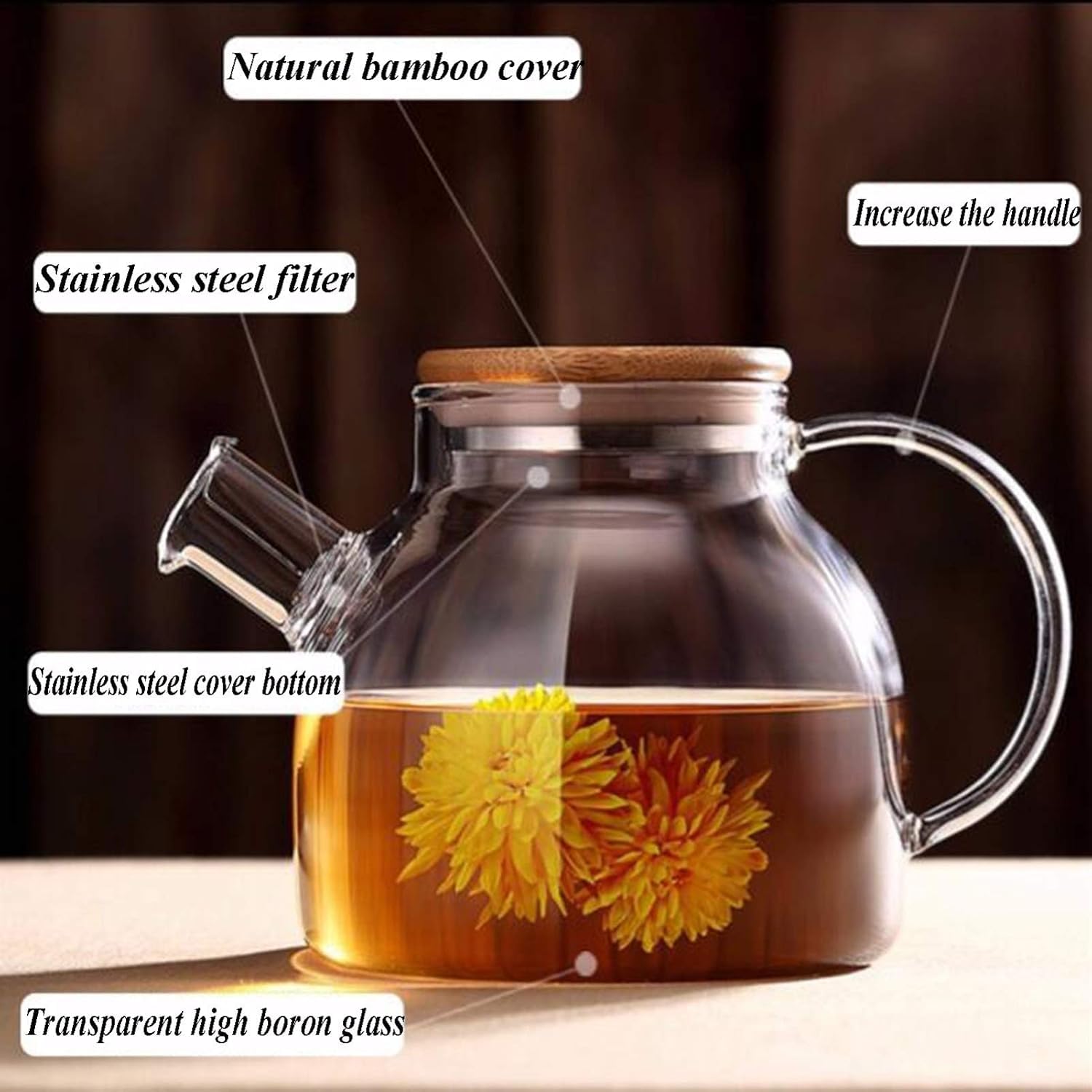Red-Rubby Glass Teapot Set, Tea Kettle Safe On Stovetop with Large Spout and Filter Coil Bamboo Lid with Stainless Steel Bottom 1000ML Capacity Transparent High Boron Glass 2