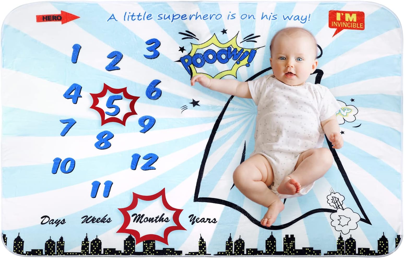 60" X 40" Superhero Baby Milestone Blanket Premium Soft Fleece Infant Month Blanket with Felt Frames Personalized Photography Backdrop Photo Prop Gifts for Newborn Boys Girls