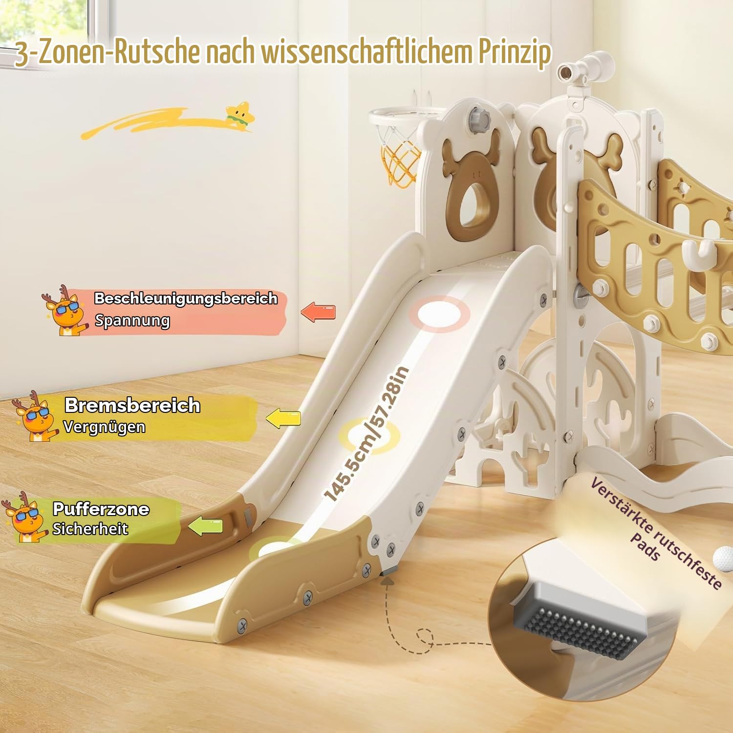 Kinderrutsche, große Kleinkind Rutsche mit Basketballkorb,Klettergerüst für den Garten, Teleskop, Stauraum, für 1-3 Jahre,extra Lange 1700 mm ((7-in-1 Elk Slide-Active-Modell (Khaki)))