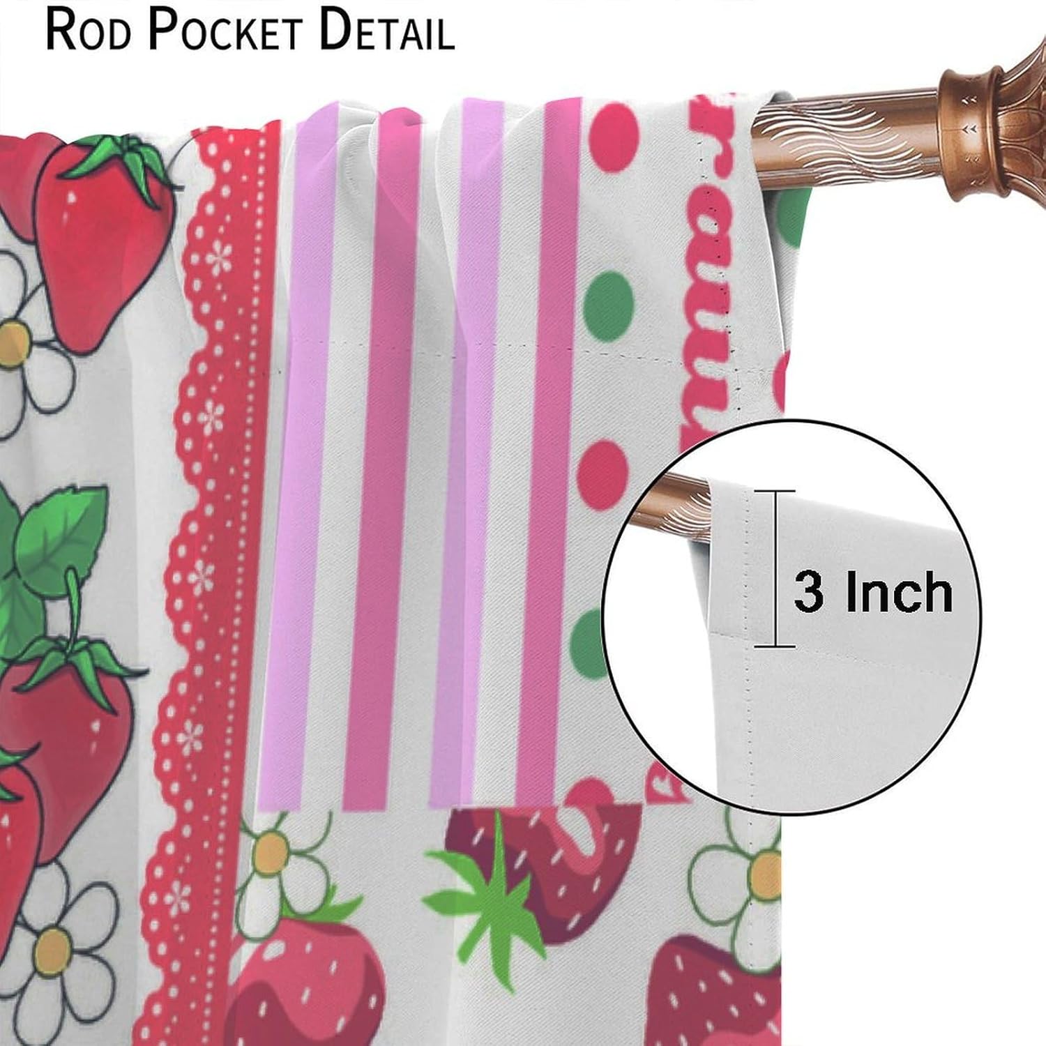 Pink Strawberry Decor Window Curtain, Floral Bow Curtain Sweet Girl Aesthetic for Home Kitchen Restaurant Decoration Window Curtain 2Panel 42" W X 54" L