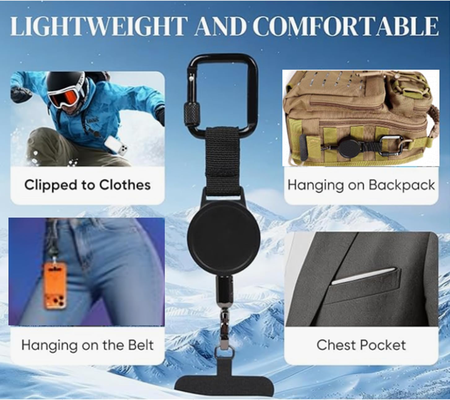 Retractable Phone Tether, Lanyard with Locking Carabiner, Anti Theft Cell Phone Strap, Travel Essentials for Hiking Skiing
