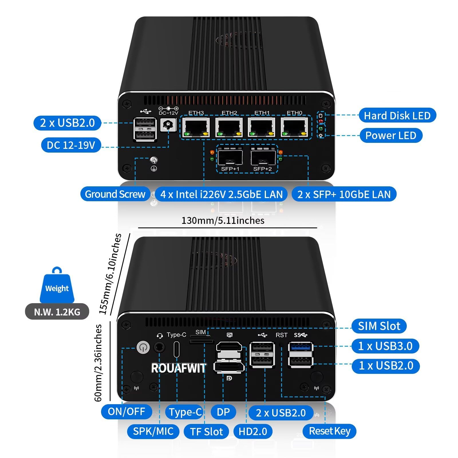 Firewall Mini PC Dual 10Gbe N150 (Upgard N100) Firewall Hardware, 2 x SFP+ 10 Gb/s, 4 x 2,5 GB i226-V LAN ze złączem filtrującym, DDR5 8G RAM 128G NVME SSD, AES-NI, SIM, TF, 3 wyświetlacz