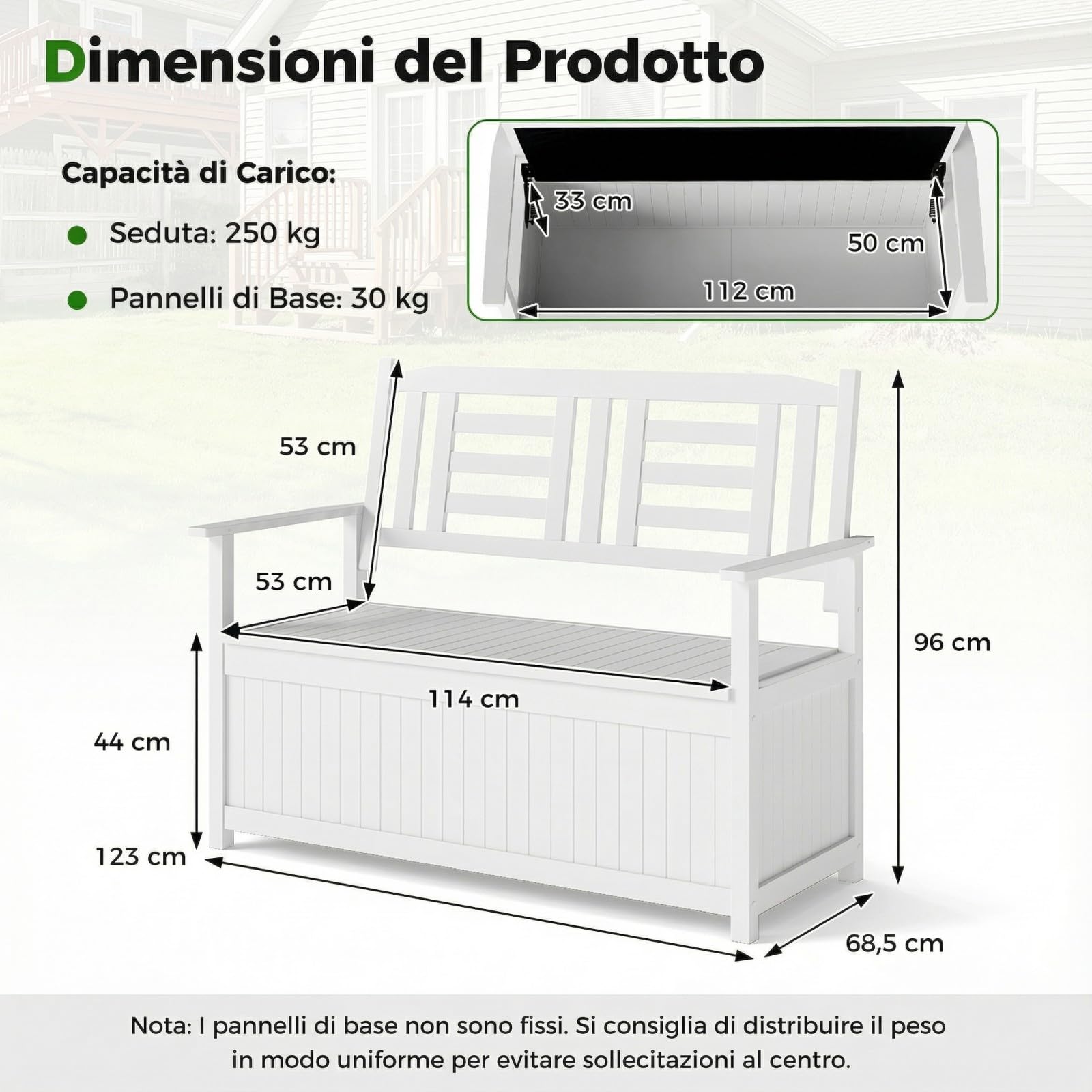 COSTWAY Panchina da Giardino con Contenitore di Legno, Cassapanca da Esterno 2 Posti con Schienale e Braccioli, Panca per Cortile e Ingresso, 123 x 68,5 x 96 cm (Bianco)