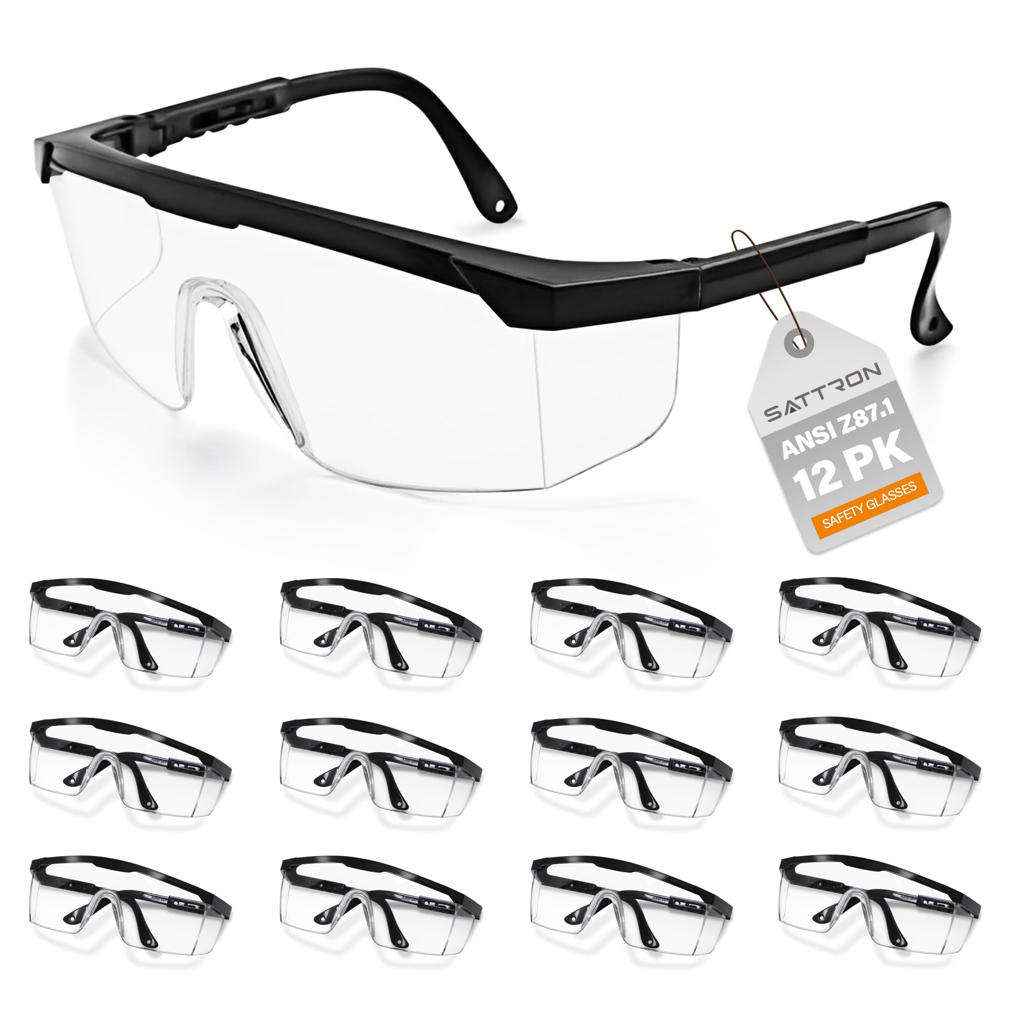 Gafas de seguridad transparentes, paquete de 12 gafas de seguridad ajustables, amplia visión, resistentes a los impactos, protección UV, protección ocular protectora para trabajo industrial