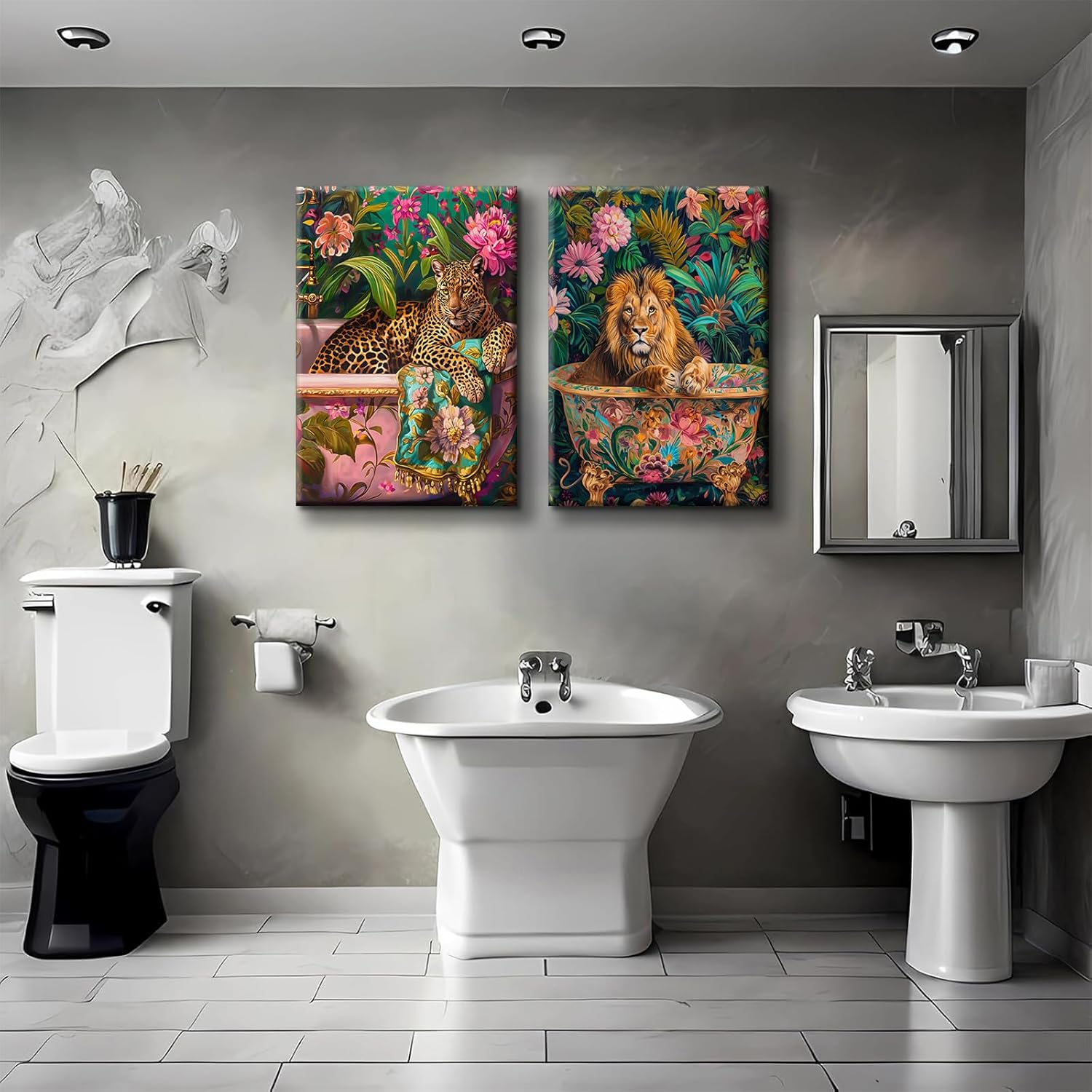 2Pcs Bathroom Leopard Wall Art Bathtub Animal Wall Decor Fun Bathroom Painting Pictures Trendy Leopard Poster Prints Suitable for Living Room Bedroom Ready to Hang (12x16in Canvas)