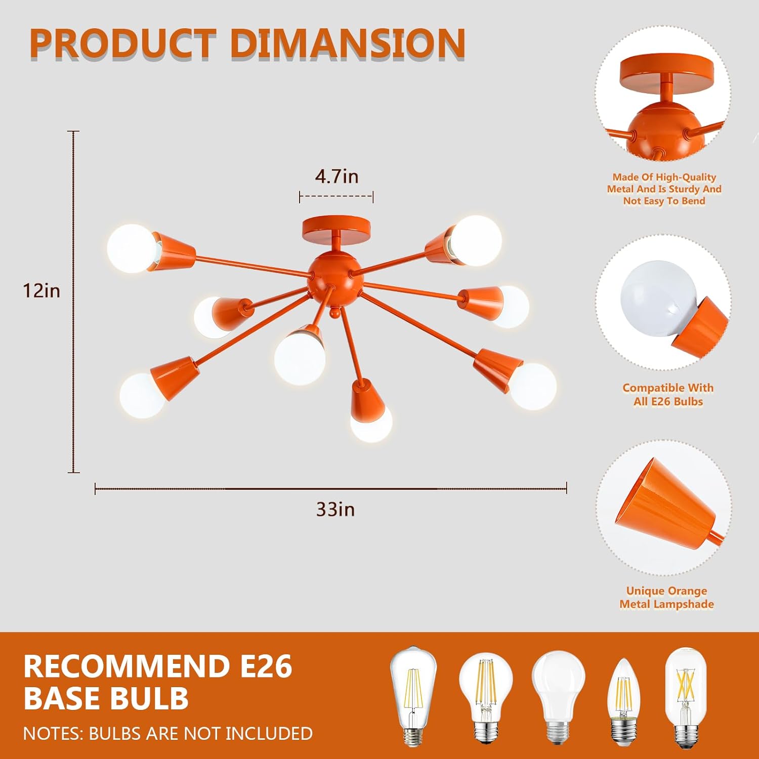 Sputnik Ceiling Light Fixture, 33”Orange Kids Ceiling Lights, 8-Light Modern Sputnik Chandeliers for Living Room Nursery Playroom Room Bedroom Kitchen Dining Room and Entryway(E26)