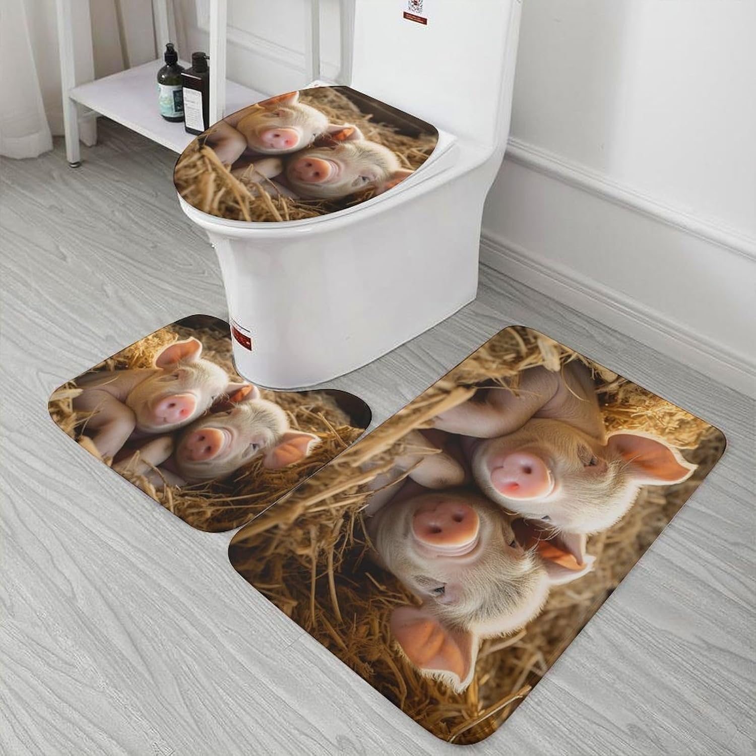 Anti-Skid Floor Mats 3 Piece Set,Pigs Printed Coral Fleece Bathroom Mats U-Shaped Contour Mat Toilet Seat Cover for Bathroom, Tub, Shower, Kitchen 19.7"x31.5"