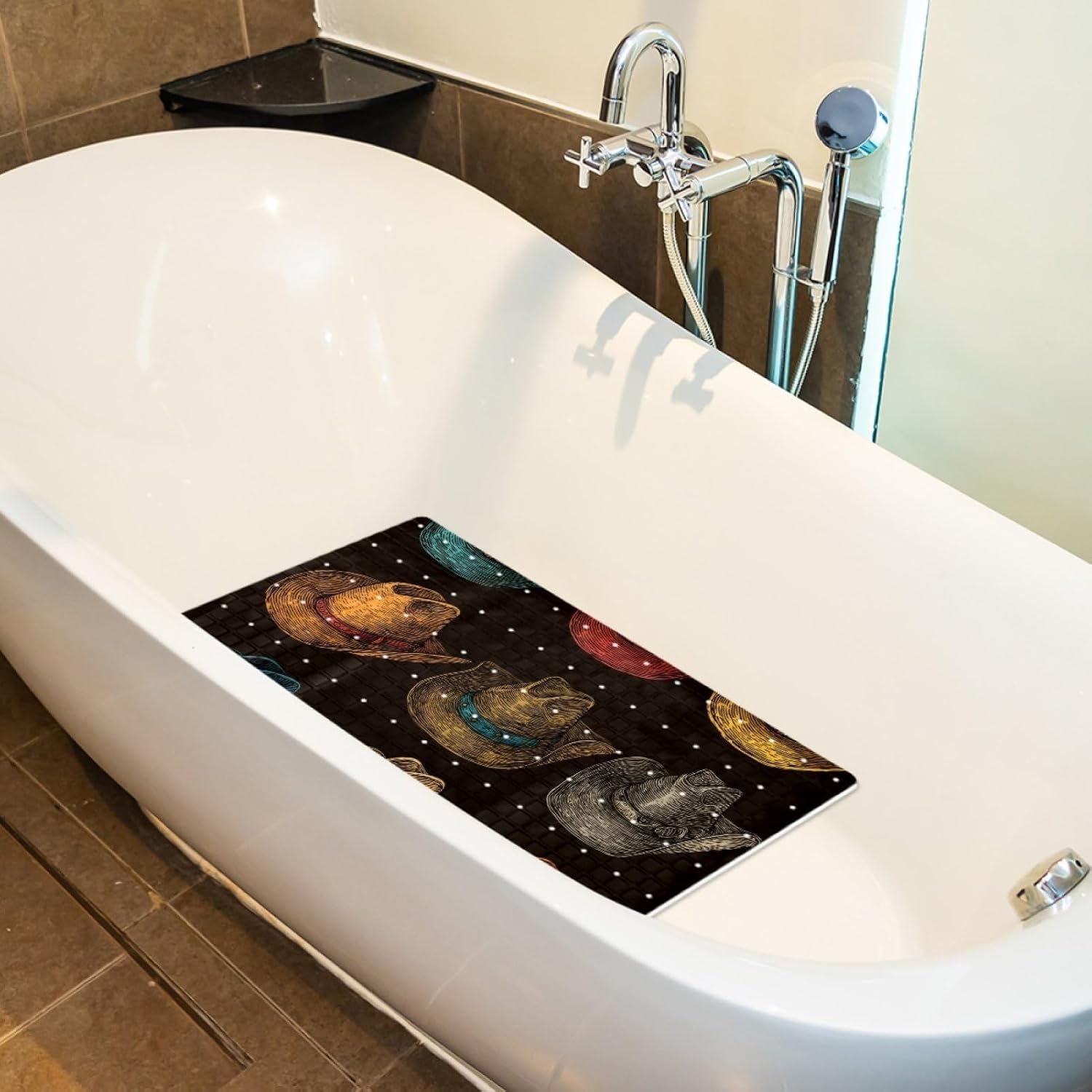 Bath Tub Mat Non Slip 15.1 x 26.8 Inch, Eco Friendly Bathmat with Suction Cups Drain Holes Shower Tub Mats (Retro Cowboy Hats Western Collection)