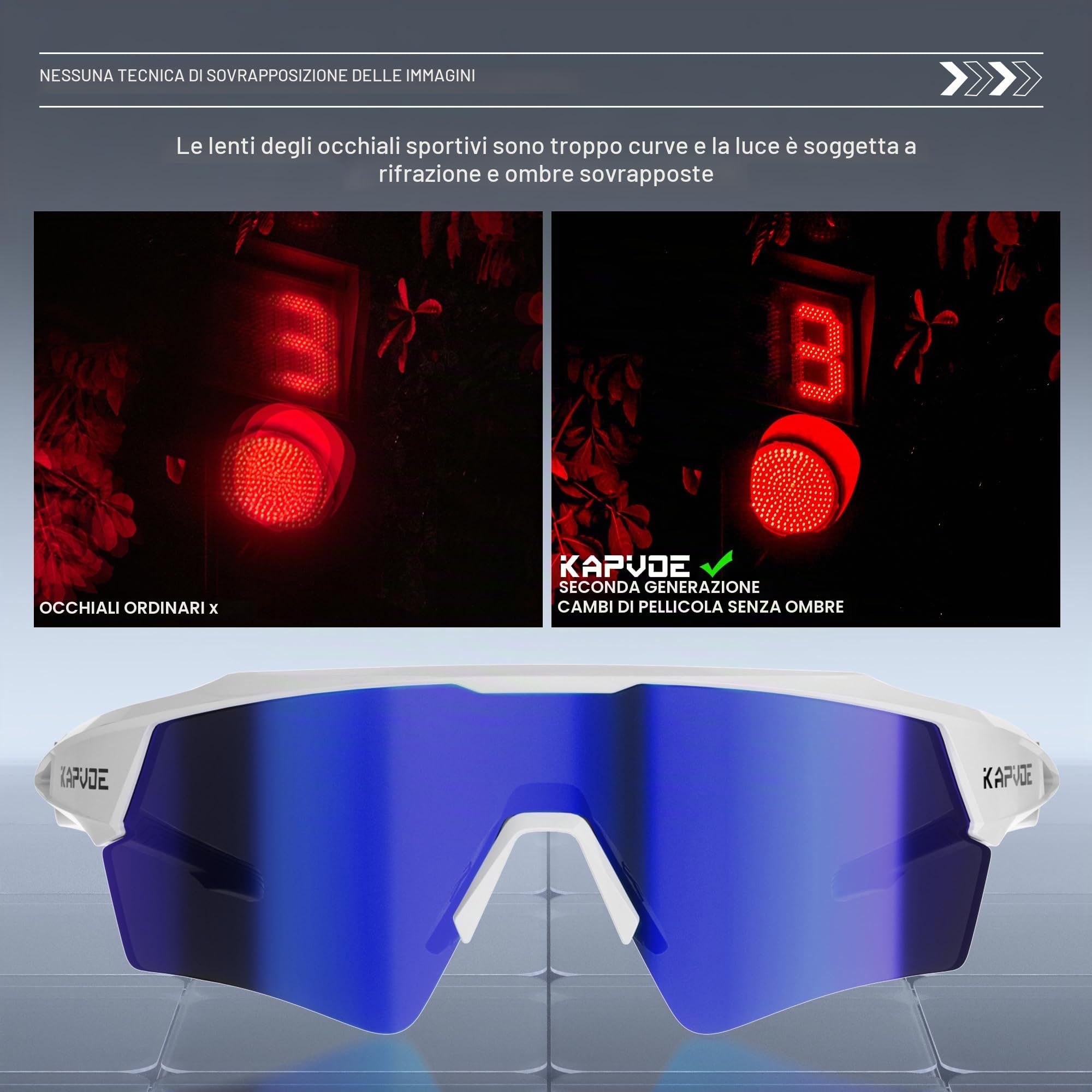 KAPVOE Occhiali da Ciclismo Fotocromatici Shadowless UV400 Uomo Donna K198