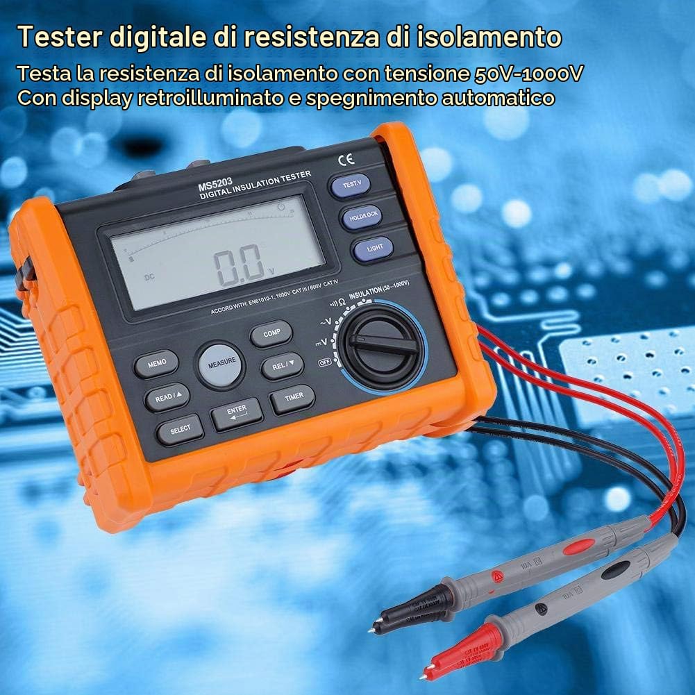 Misuratore Resistenza di Isolamento, Akozon MS5203 Tester Isolamento 50-1000V Megaohmmetro Digitale Professionale Prova di Continuità con Display LCD Retroilluminato Test di Tensione CC e CA
