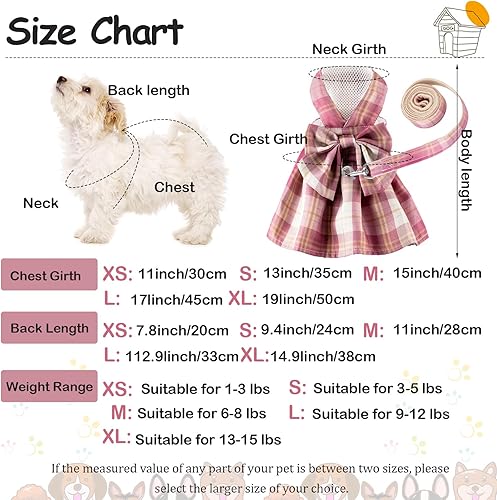 Miniatura 2 de 4 piezas de vestido a cuadros para perro, arnés con corbatín, arnés para perros pequeños, lindo perro, mascota, niña, cachorro, ropa de verano para