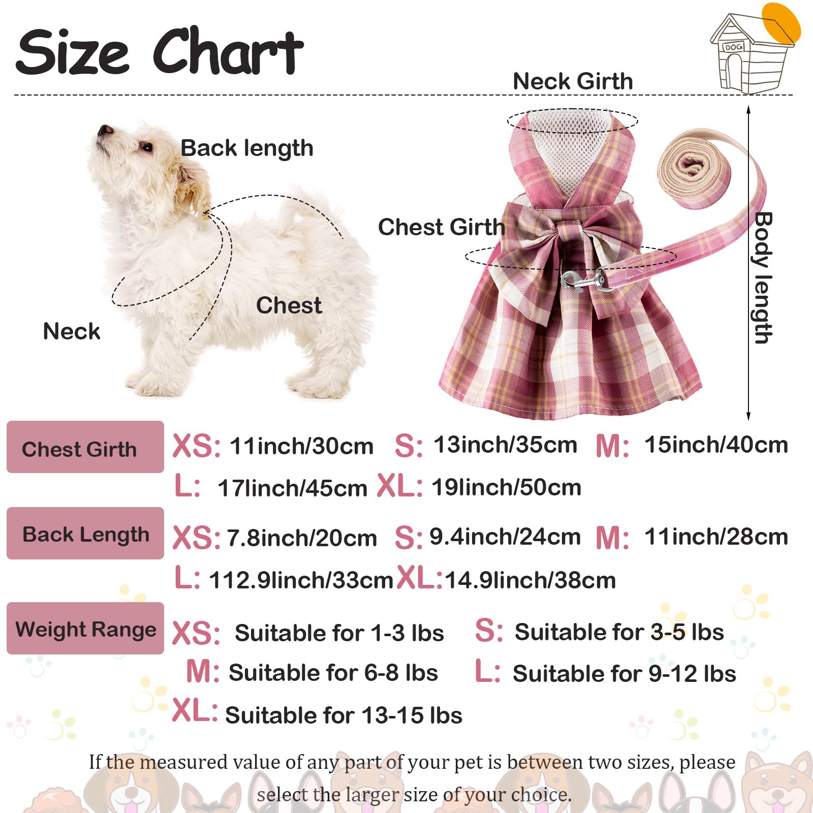 Potchen 4 Pcs Cute Plaid Dog Dress Set with Bow Tie Harness & Leash for Small Dogs, Puppy Clothes for Girls Summer Outfits(S,Dark Color)