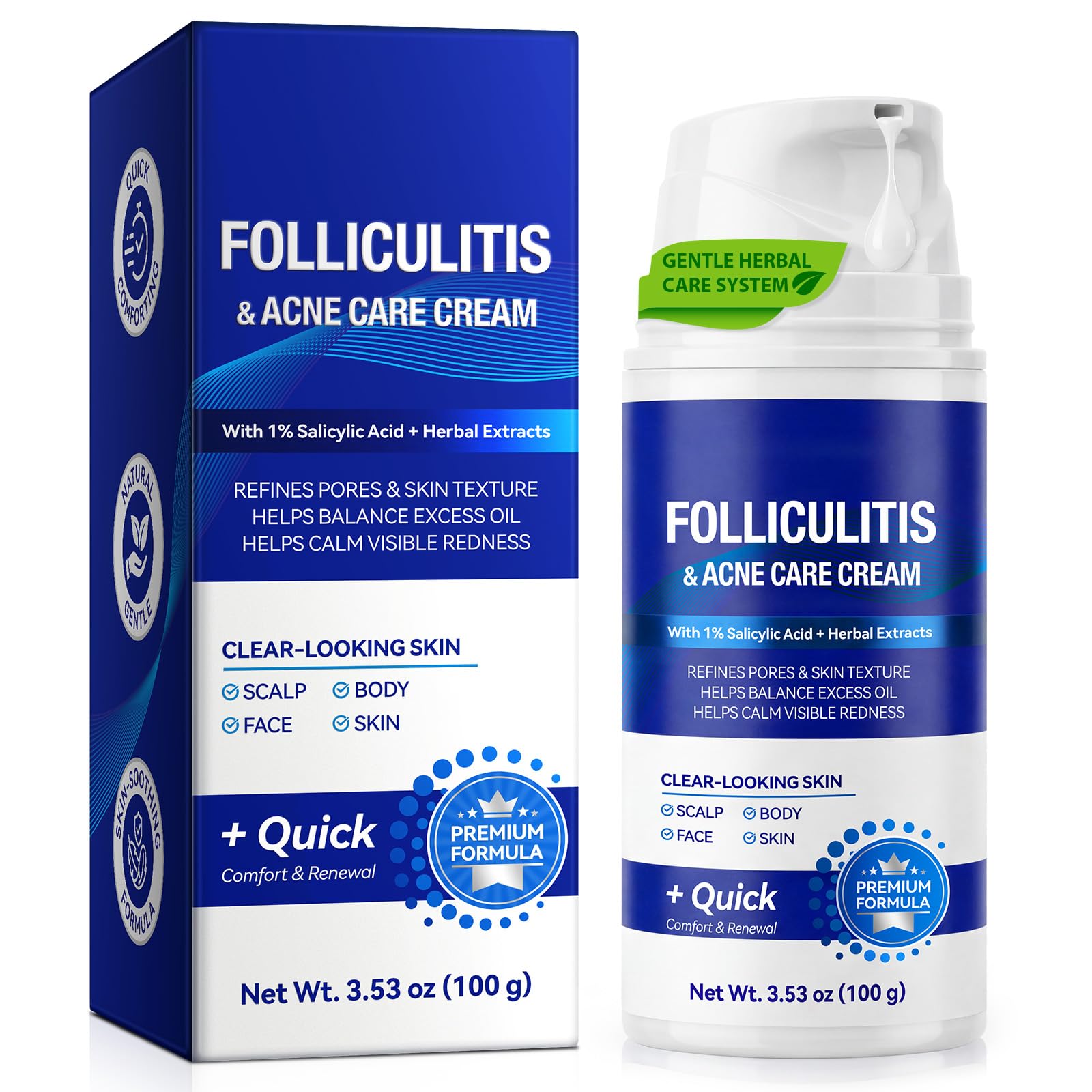 Folliculitis Cream with 1% Salicylic Acid & Herbal Extracts， Pore Refining & Balance Excess Oil, Multi-Area Use for Scalp, Face & Body, 100g