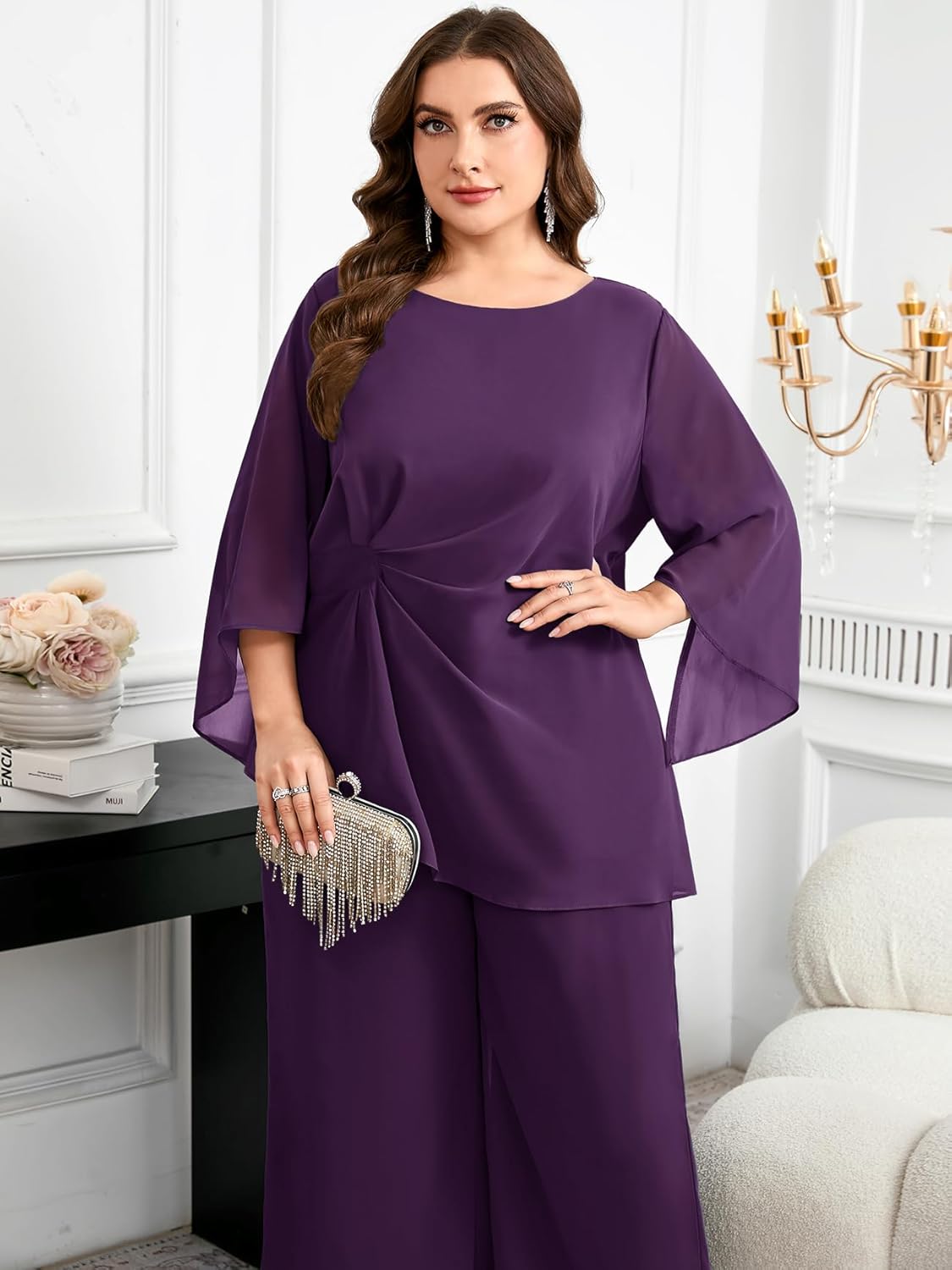 CYCLAMEN Plus Size Mother of Bride Pant Suits 2 Piece Chiffon Sets Asymmetric Wedding Guest Outfit - Image 5