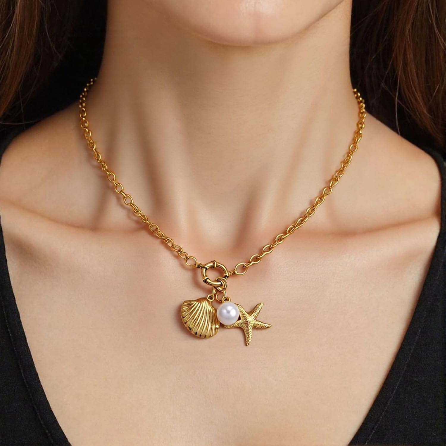 Shell Pearl Starfish Gold Chain Necklace Beach Layering Statement Choker Adjustable for Fashion Women Summer Holiday Ocean Charm Jewelry Gift - Image 2