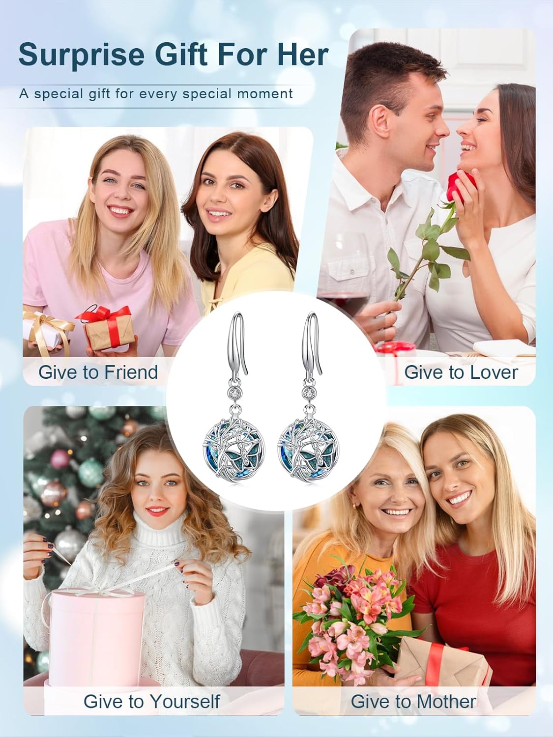 CHENGHONG Tree of Life Earrings for Women 925 Sterling Silver Blue Crystal Butterfly/Dragonfly/Cat/Bee Dangle Earrings for Women Jewelry Gifts - Image 6