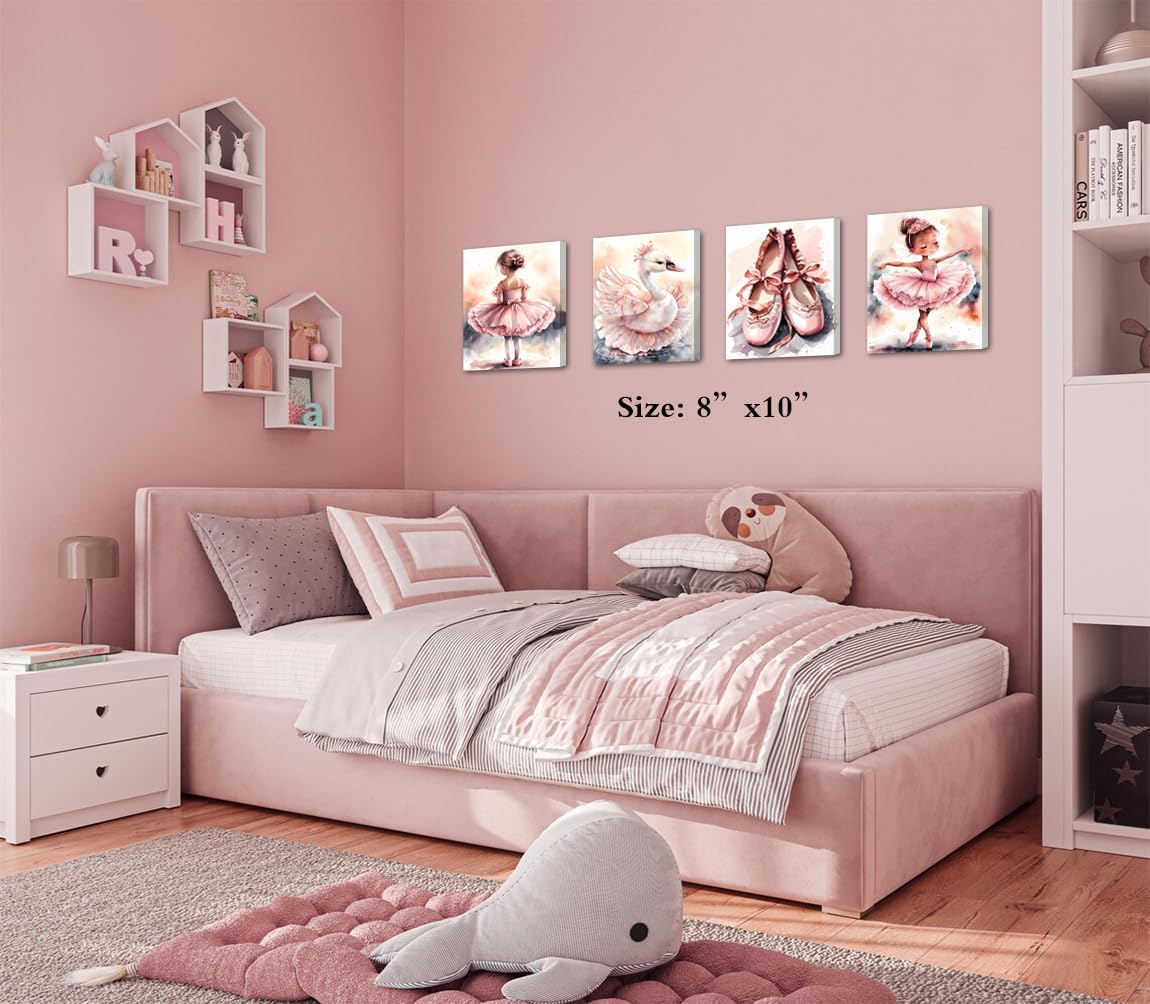 Framed Pink Ballet Nursery Wall Art,Pink Canvas Wall Art,Girls Ballerina Nursery Bedroom Decor,Fashion Bedroom Wall Poster,Watercolor Ballerina Dancers Art Prints for Girls Decor,Set of 4(8”x10”)