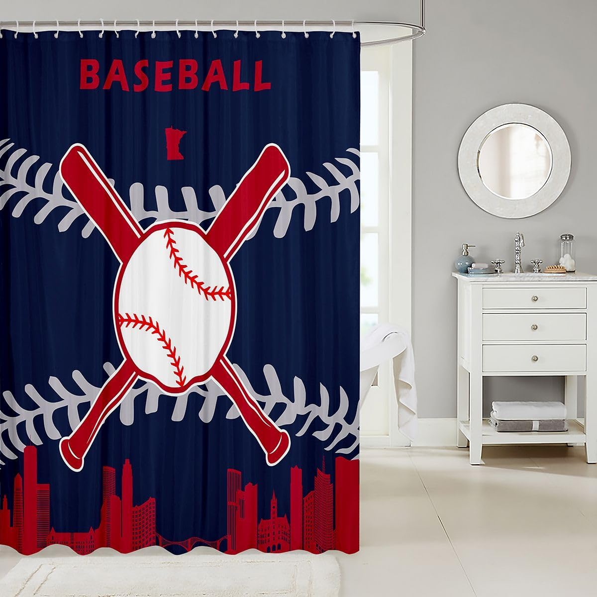 Erosebridal Baseball Shower Curtain for Player Gift 78x72 inch,Baseball Team Bathroom Curtain for Kids Boys Girls,Sports City Fabric Shower Curtain,Athletes Waterproof Bathroom Curtains