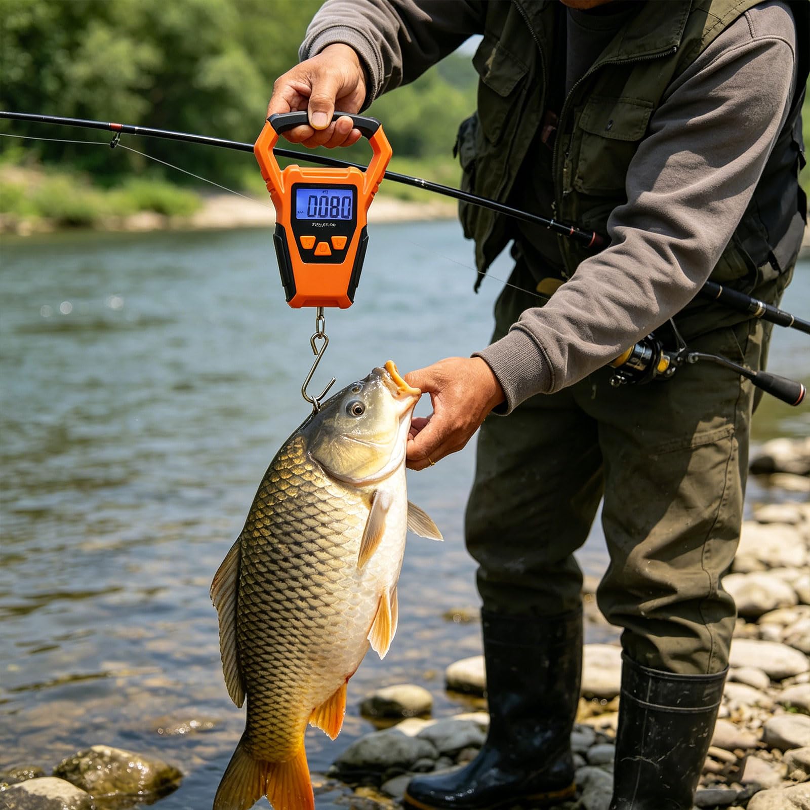 Bilancia digitale LCD retroilluminata con schermo elettronico da pesca, 50 kg, bilancia da appendere, con metro a nastro e gancio, impermeabile