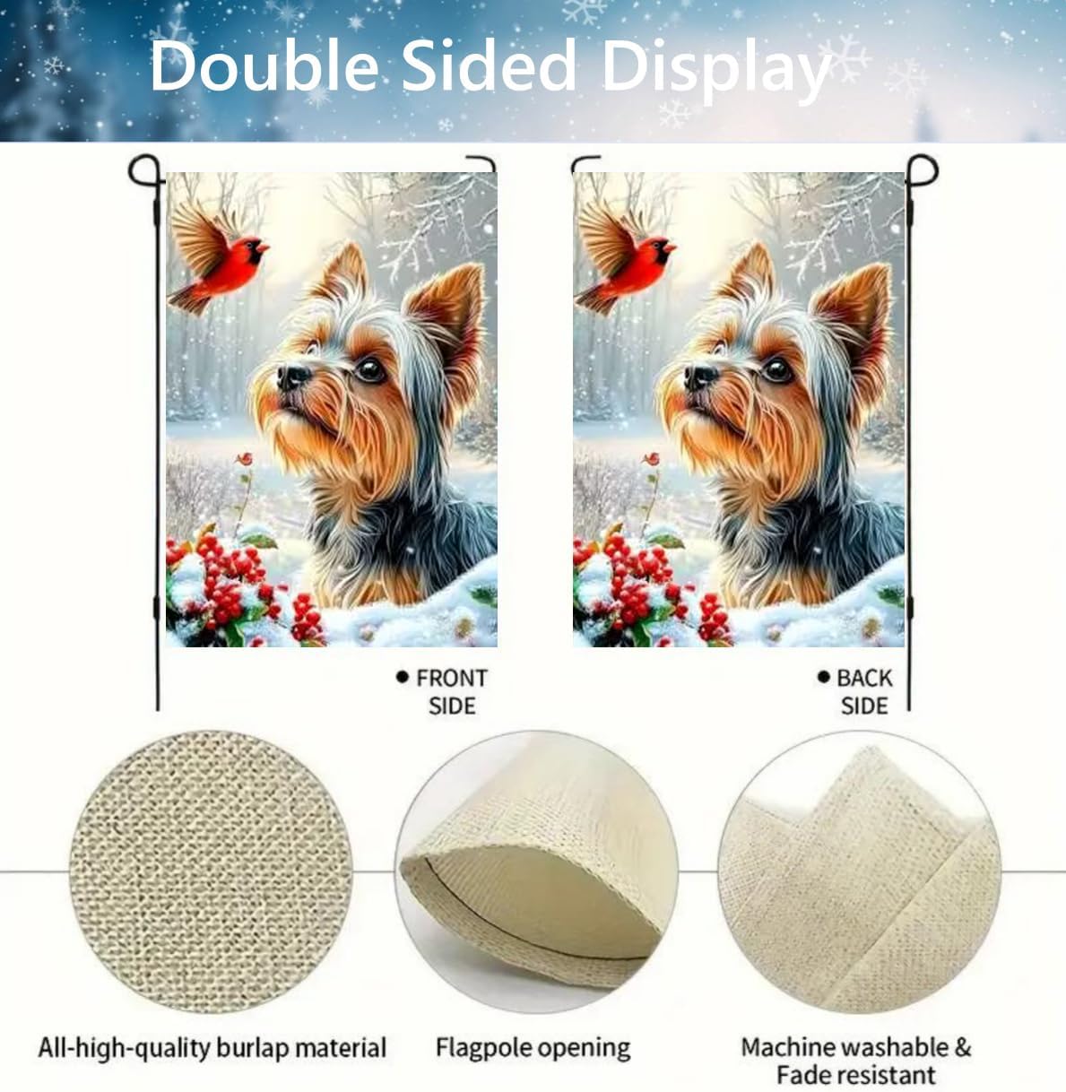 Winter Yorkie Dog Garden Flag 12x18 Double Sided, Small Burlap Seasonal Snow Garden Flag Winter Christmas Outdoor Yard Decorations Porch Lawn Flags for Outside - Image 4