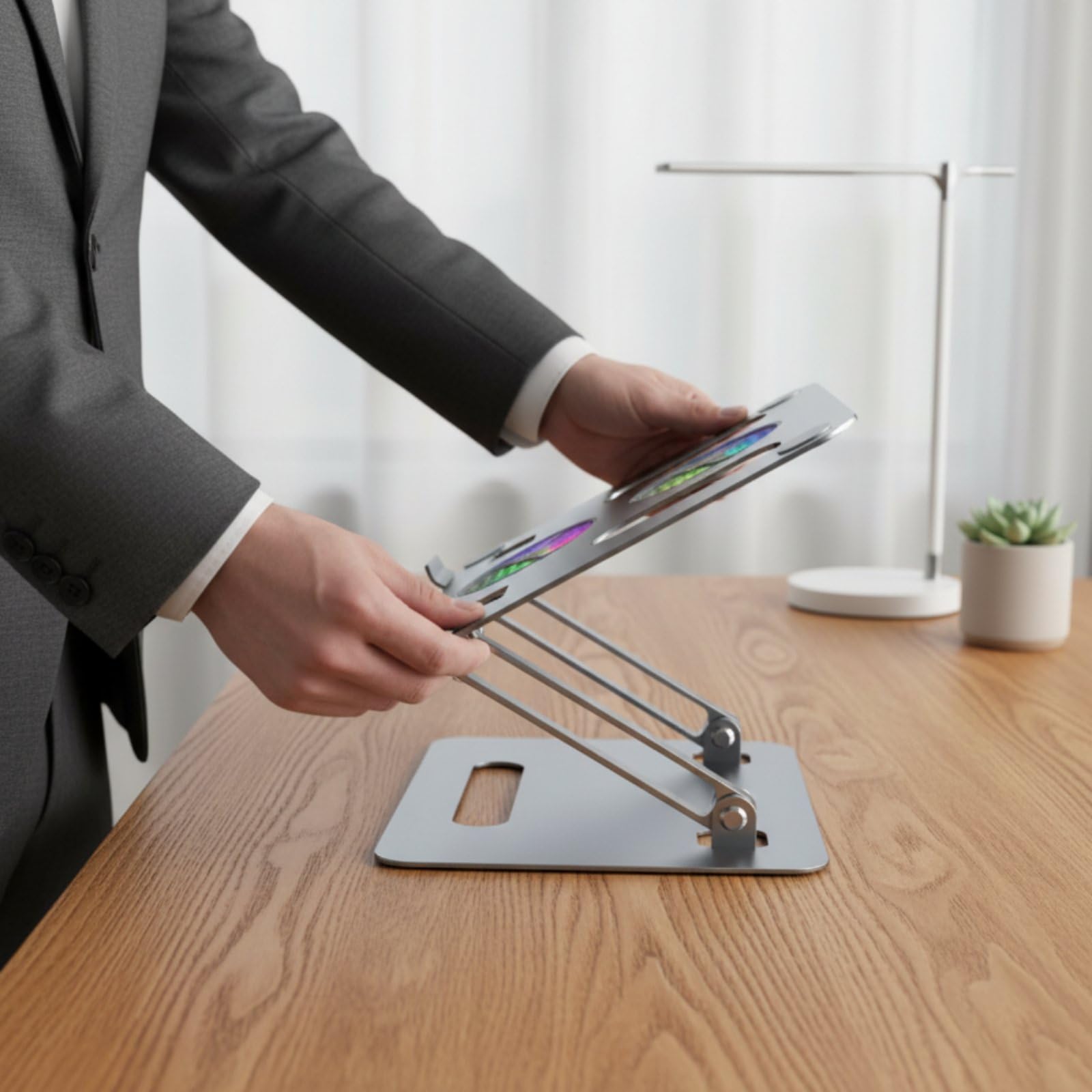 Supporto Raffreddamento Laptop Base Notebook Supporto Piattaforma Ventilata con Ventole Regolabile Pieghevole Telaio in Lega di Alluminio con Luci RGB, Grigio