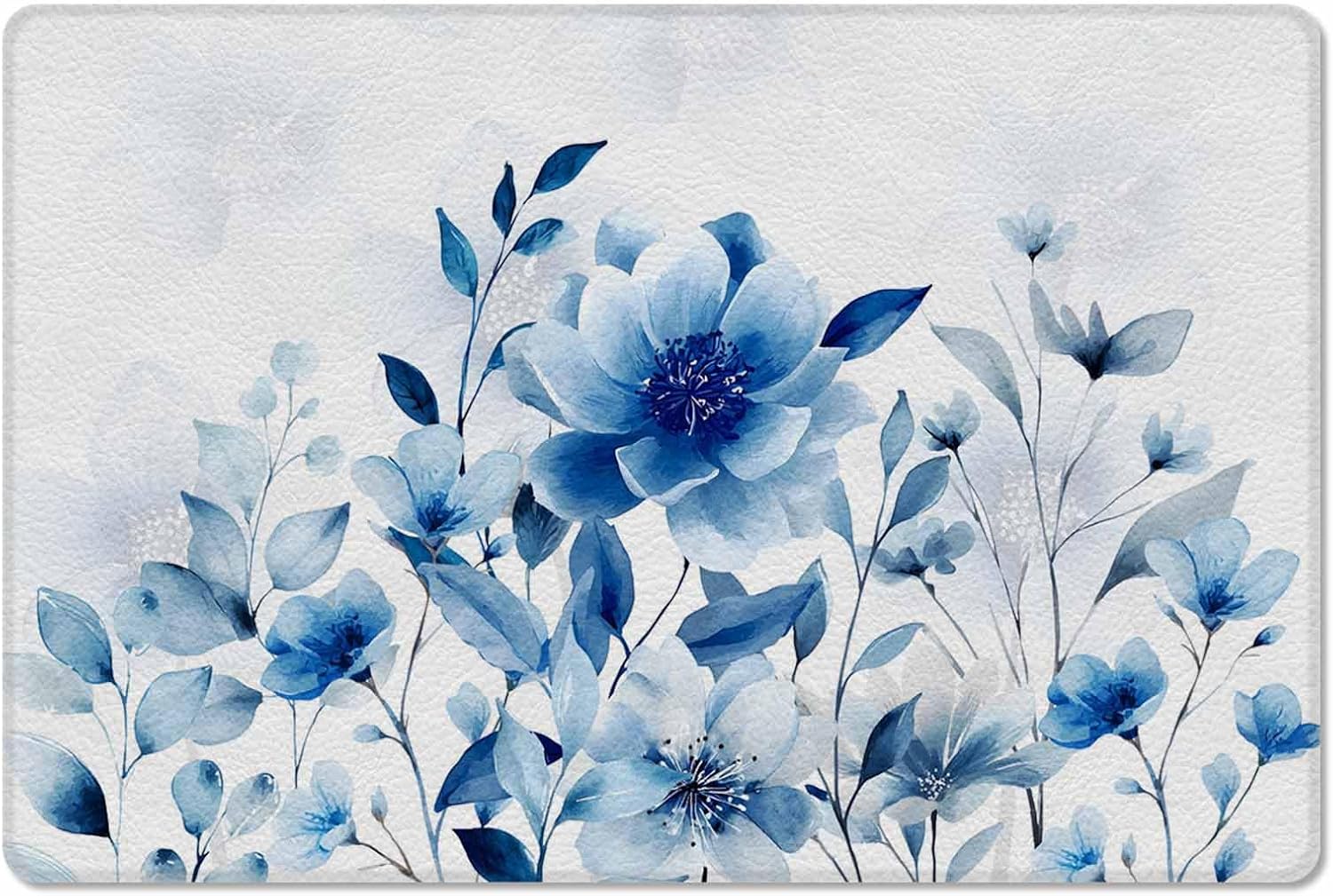 Elegant Blue Flower Kitchen Bath Door Mat Cushioned Runner Rug,Washable Welcome Floor Sink Antifatigue Mat,Waterproof & Non-Slip Comfort Standing Doormat,Modern Botanical Watercolor Plant 24"x36"