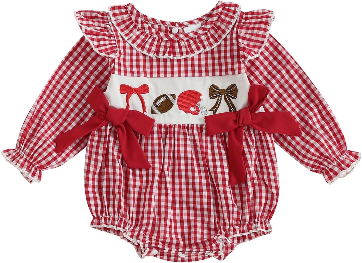 Yuemengxuan Newborn Baby Girl Football Outfit Ruffle Long Sleeve Plaid Bubble Romper Game Day Smocked Onesie Fall Clothes