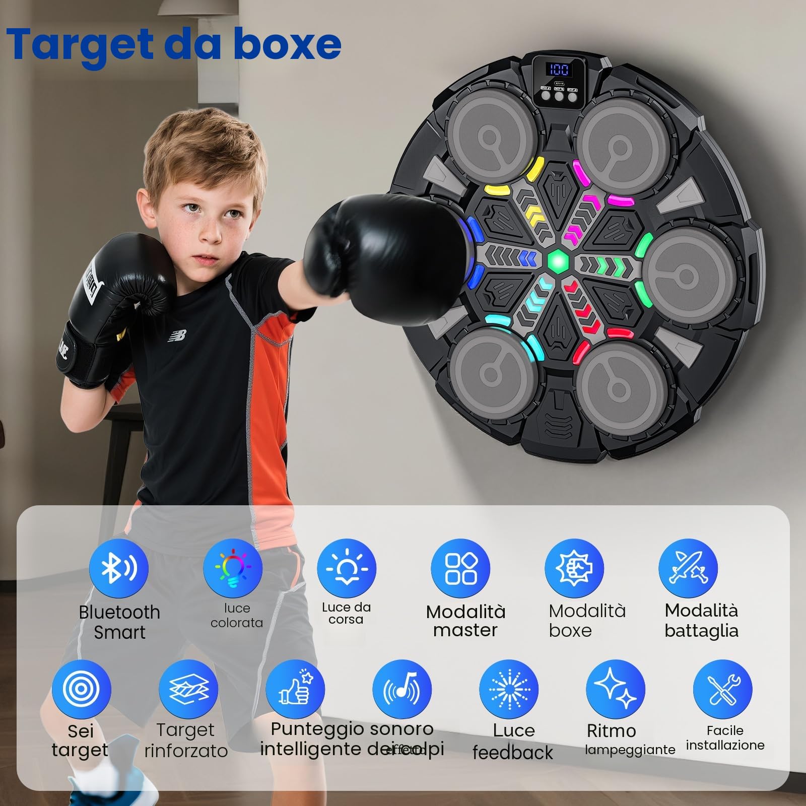 Macchina da Boxe Musicale, Nuovo Music Boxing Machine a Parete con Guanti, Connessione Bluetooth, Luci LED, Regolazione a 5 Velocità, Molteplici Modalità di Allenamento, Conteggio Automatico (A)