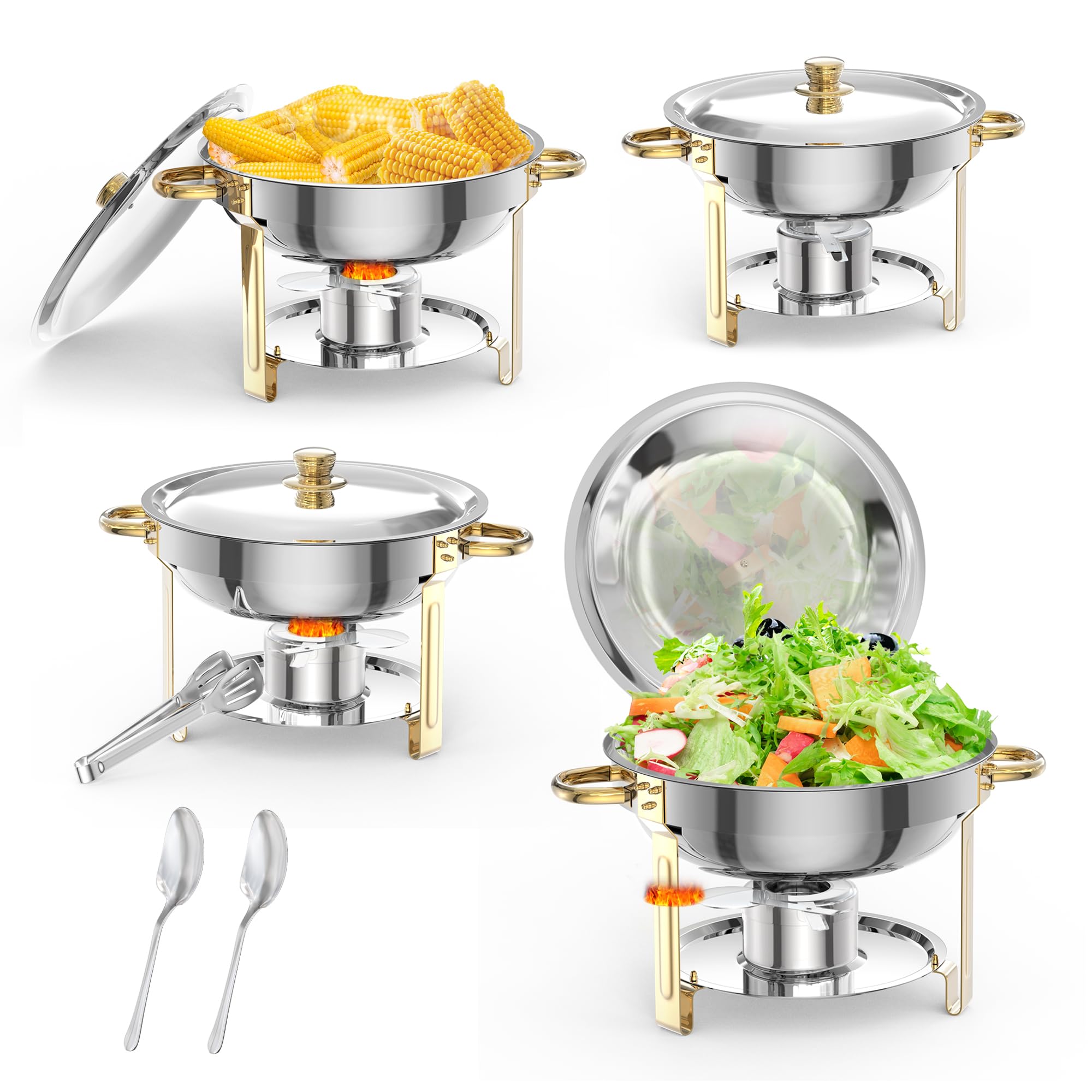 5 QT 4 Packs Chafing Dish Buffet Set, NSF Round Stainless Steel Chafers and Warmers Food Servers Sets with Lid & Lid Holder, Spoon & Tweezer for Catering Events Parties Weddings Dinners