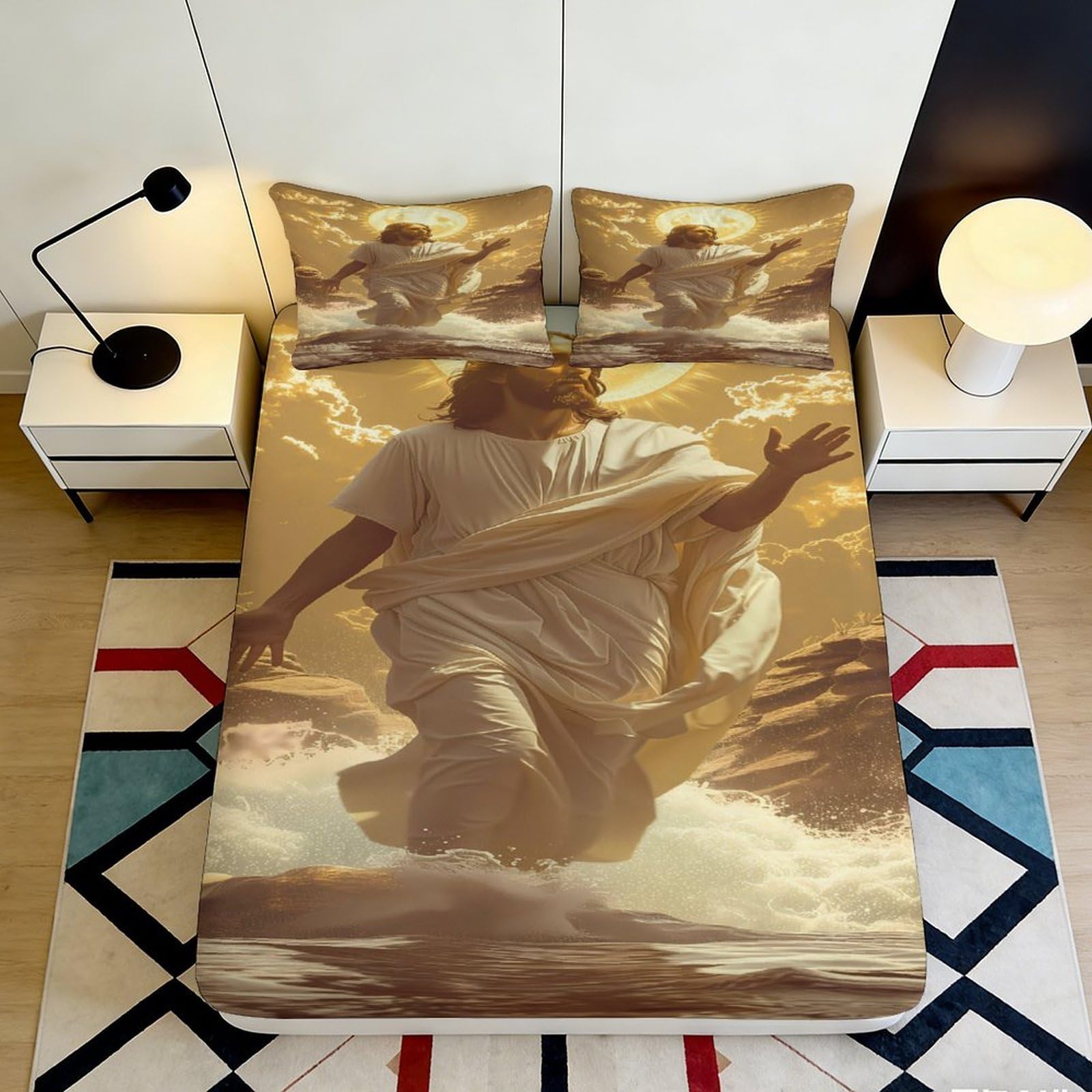 3D Printed Religious Jesus Design Fitted Sheet Microfiber Soft Breathable Spiritual Bed Cover for Bedroom Dormitory Guest Room Mattress Protection 140x200x25cm